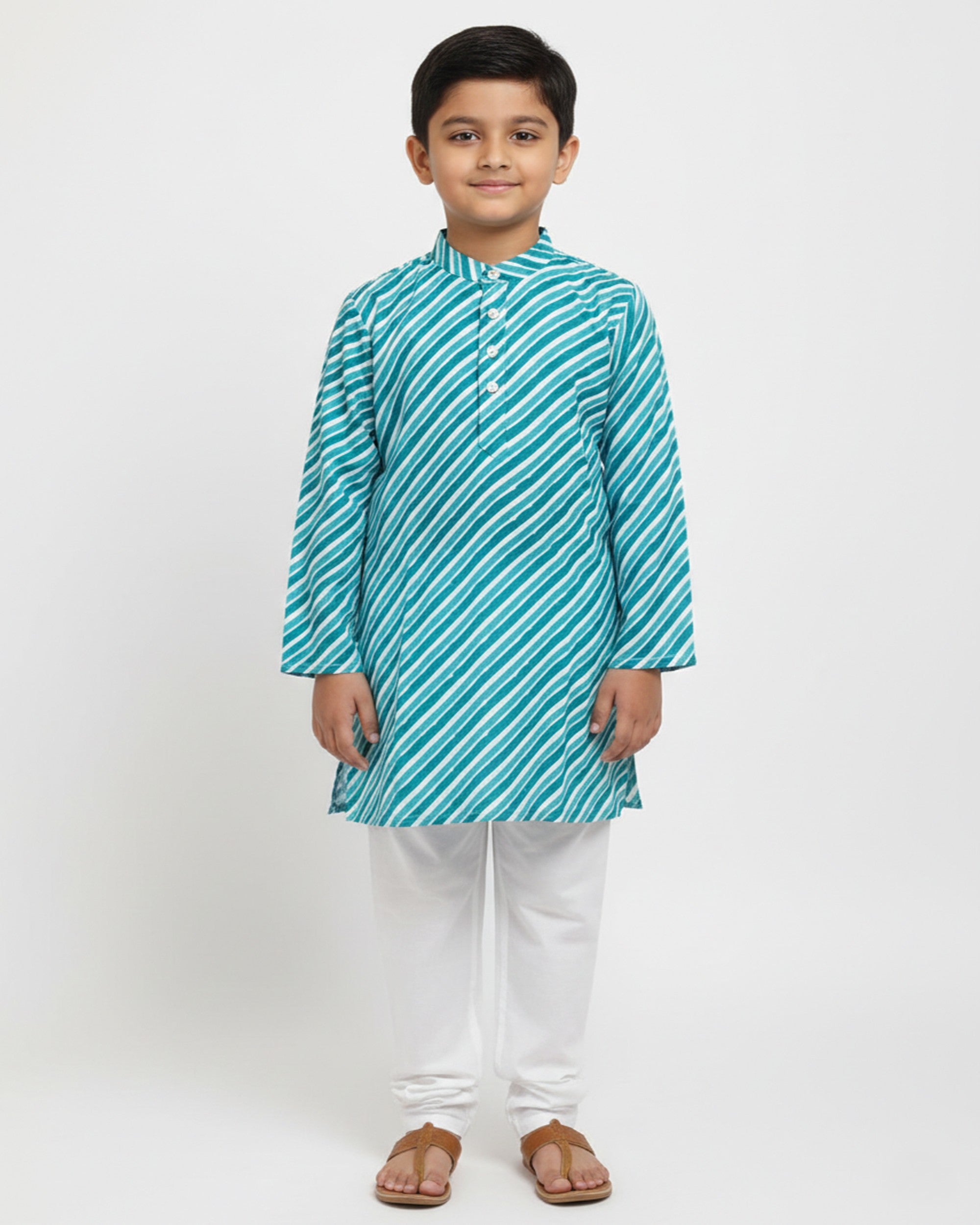 Boys Teal Blue & White Leheriya Printed Pure Cotton Kurta with Pyjamas