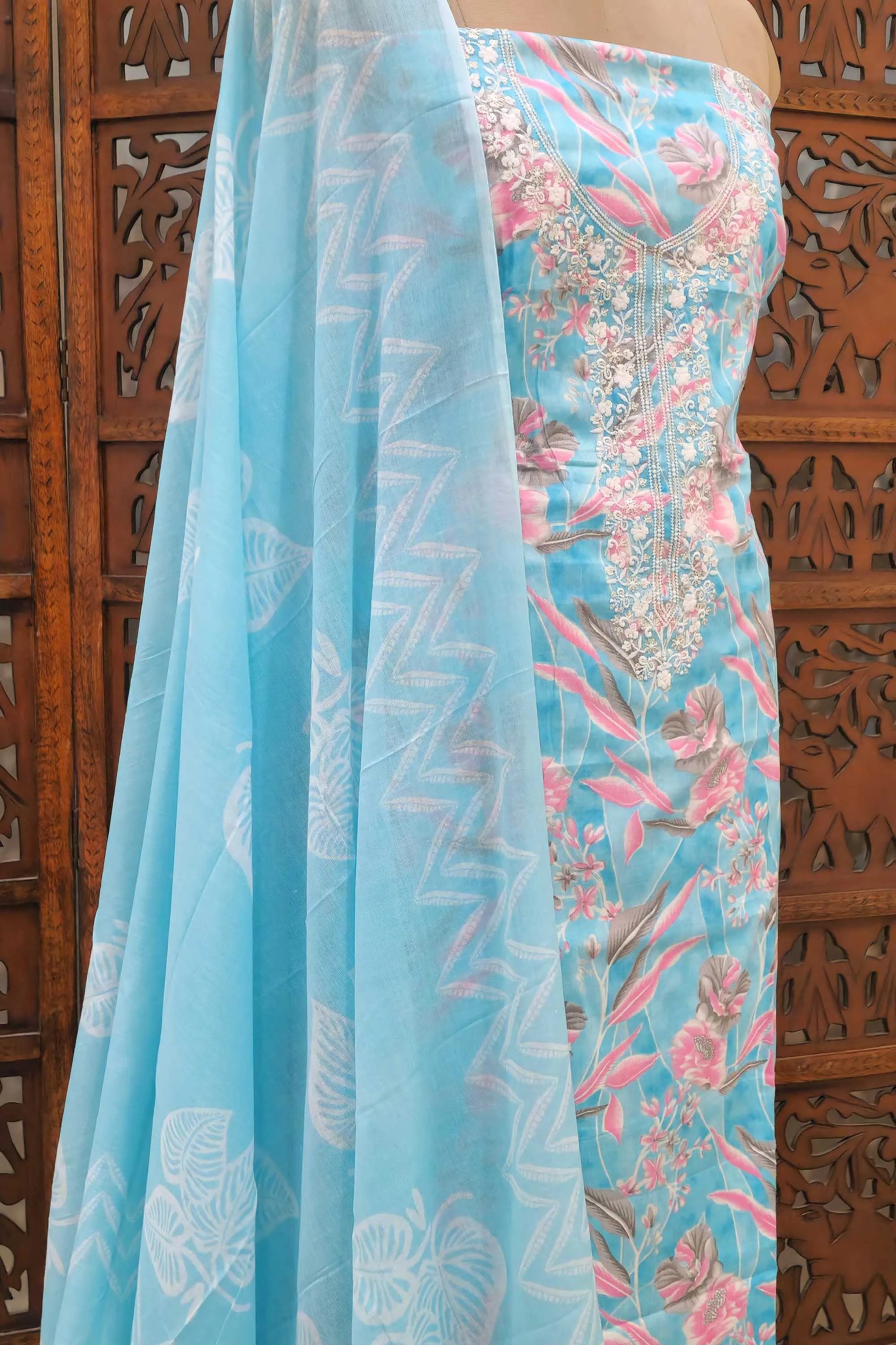 Women Sky Blue & Pink Floral Printed Pure Cotton Unstitched Dress Material with Embroidered Neckline