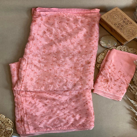 Pink Pure Chinon Chiffon Saree with Hand-Embroidery Work