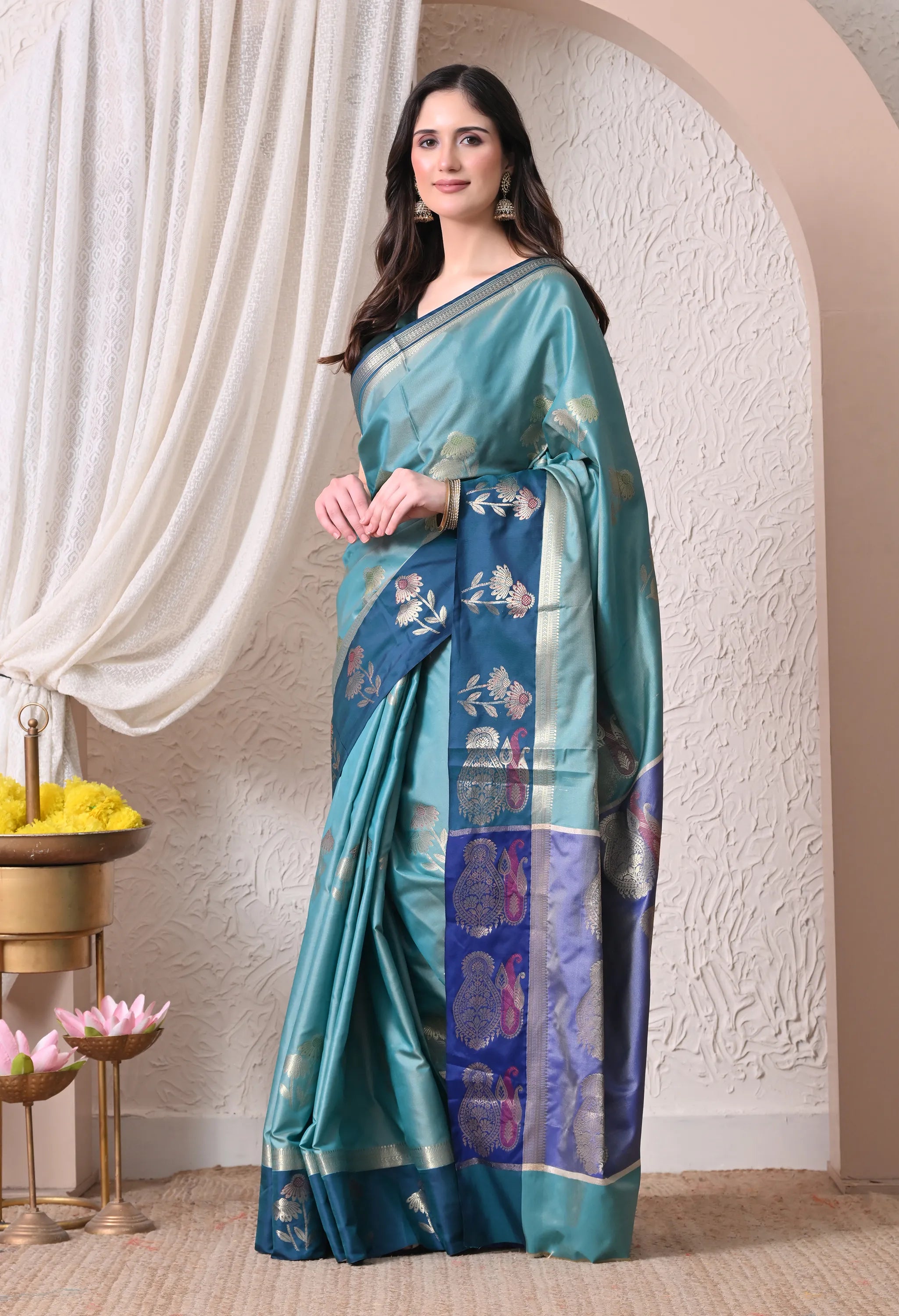 Sophisticated Sea Green and Peacock Blue Silk Blend Saree