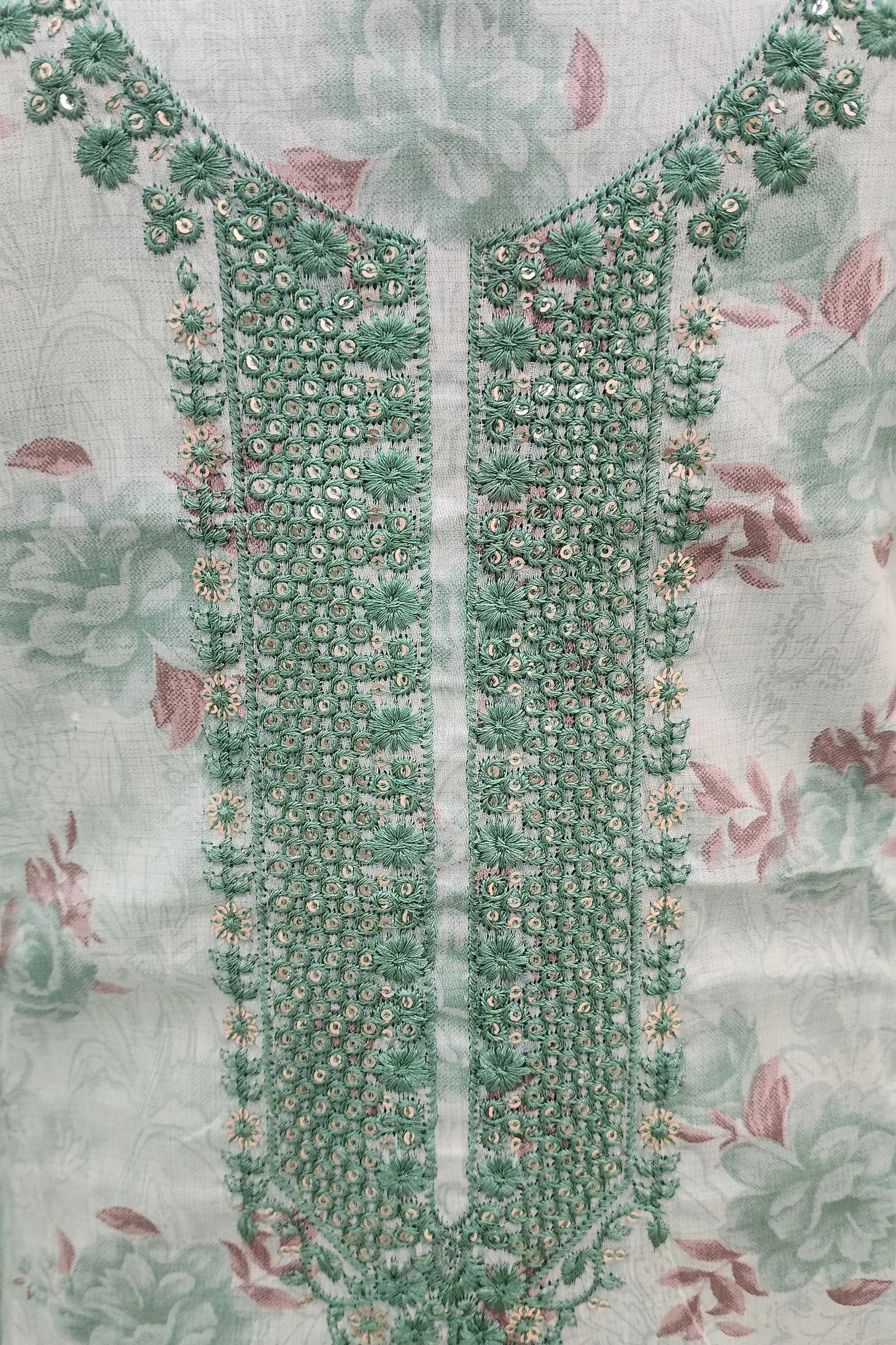 Sea Green & Sage Floral Printed Unstitched Cotton Dress Material with Embroidered Neckline