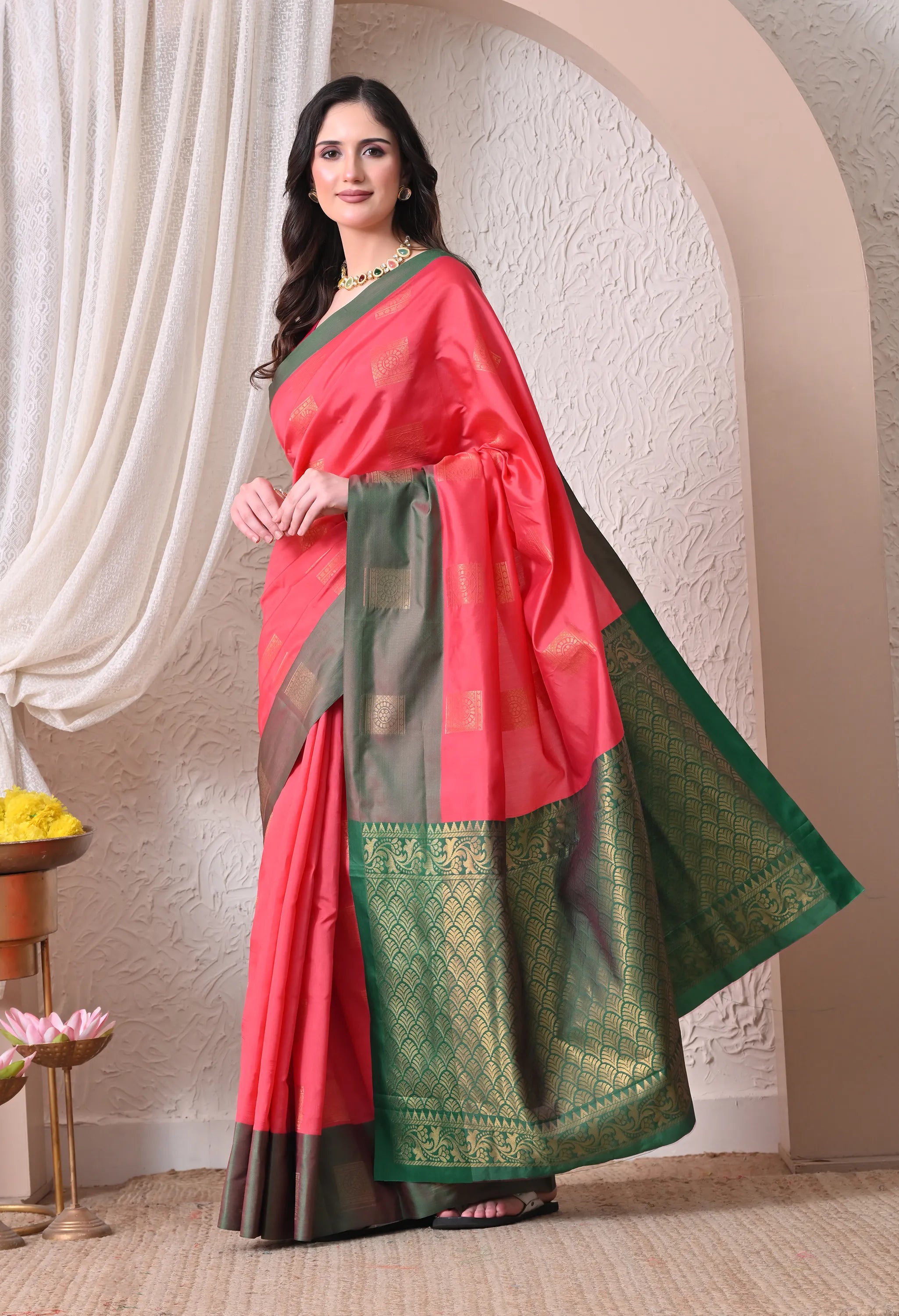 Silk Blend Saree in Coral Pink & Deep Olive