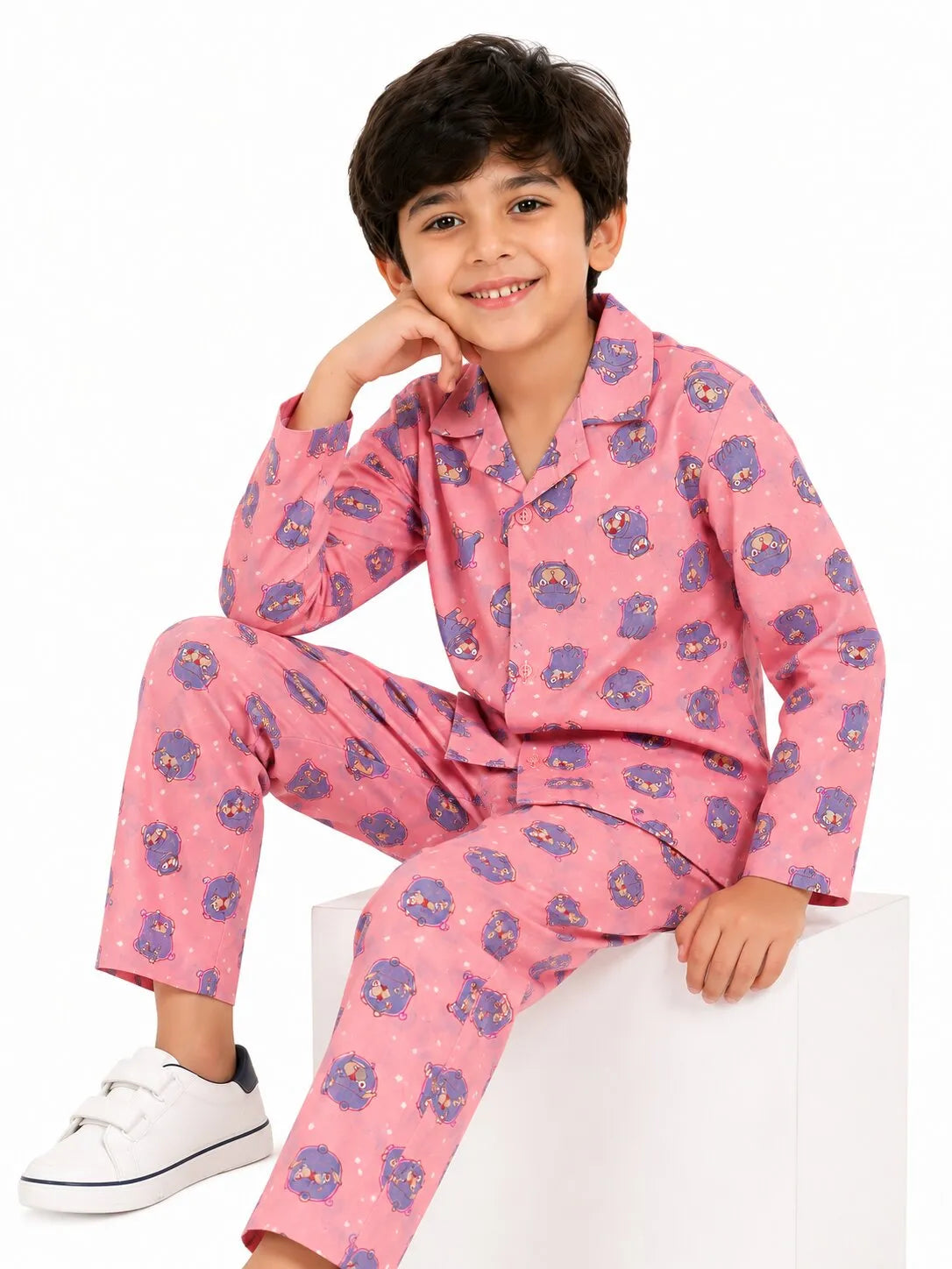 Boys Pink & Grey Pug Printed Pure Cotton Night Suit