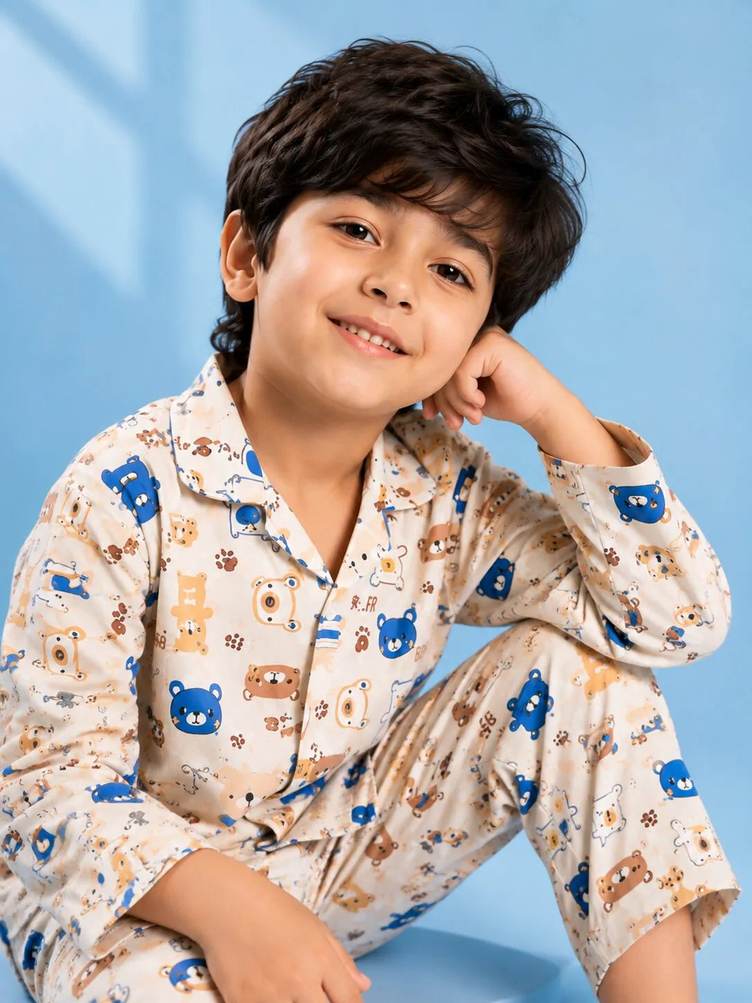 Boys' Bear Print Luxury Satin Night Suit – Full Sleeve Shirt & Pajama Sleepwear Set