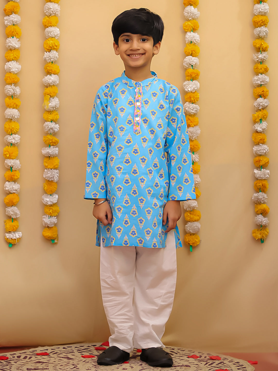 Boys' Cotton Floral Print Kurta Pajama Set | Sky Blue Ethnic Wear for Kids | Traditional Festive & Party Wear Outfit