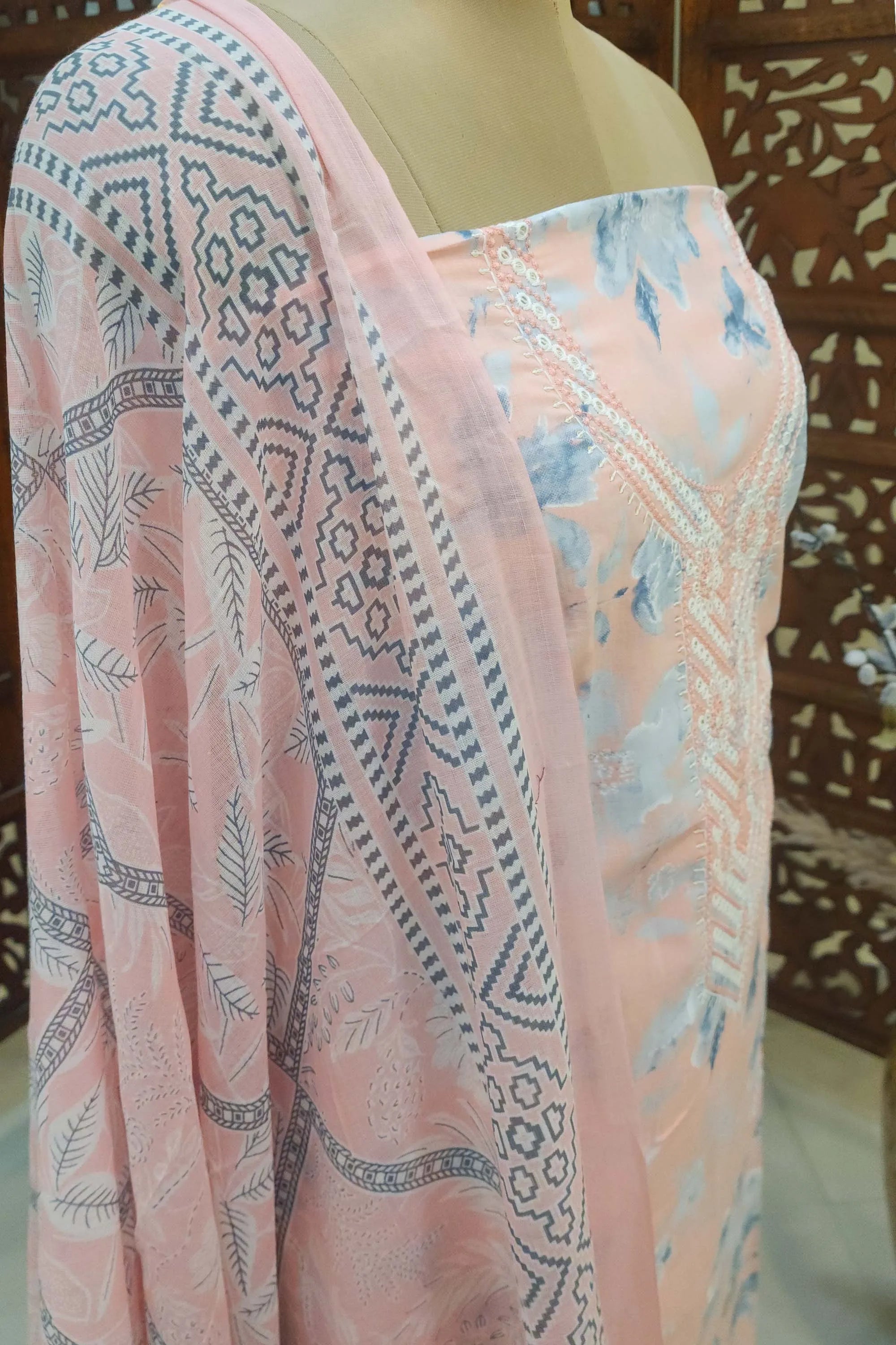 Women Peach & Blue Floral Printed Unstitched Cotton Dress Material with Sequined Embroidery