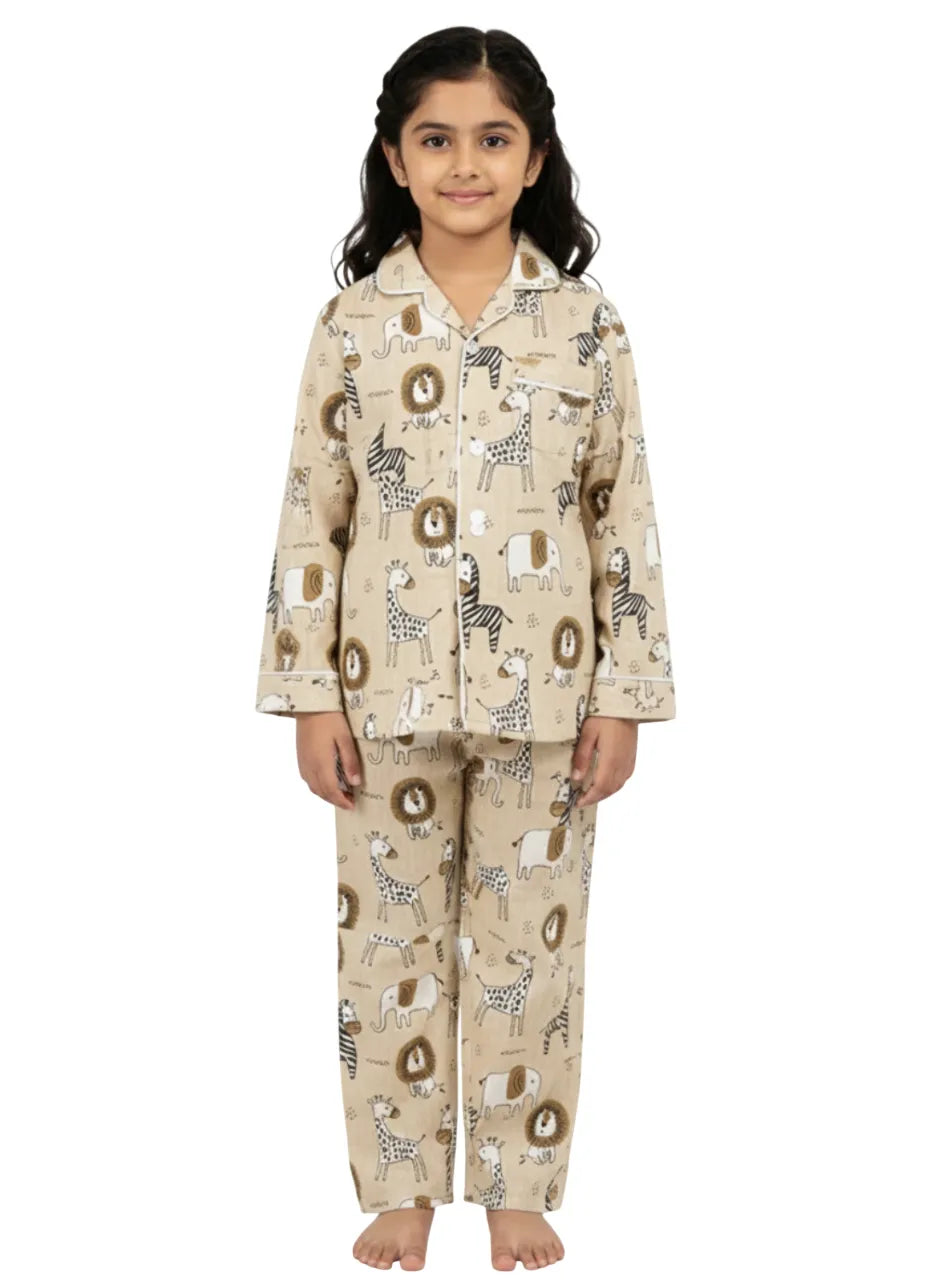 Kids Girls Full Sleeve Collared Pure Cotton Night Suit