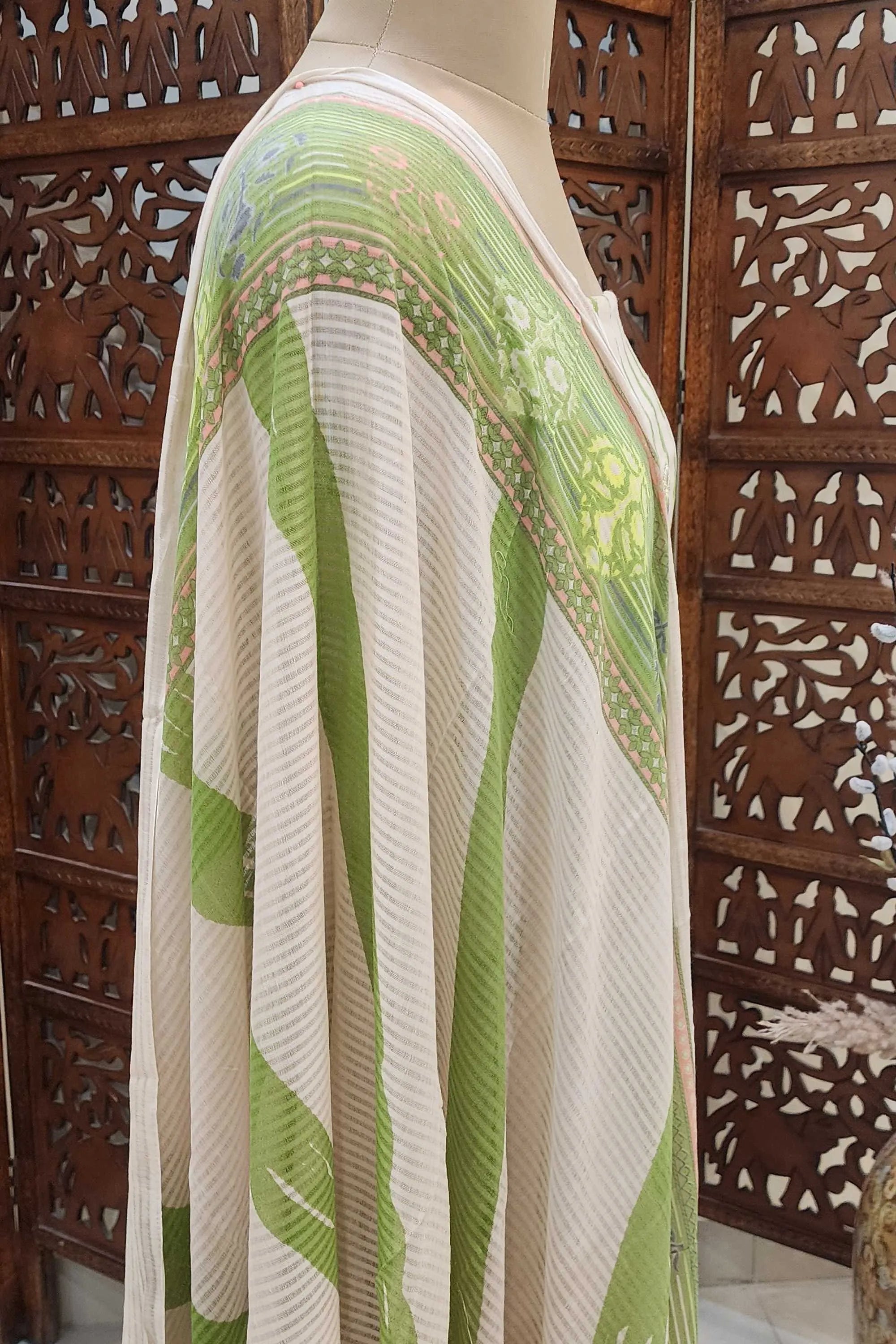 Off-White & Green Floral Printed Unstitched Pure Cotton Dress Material with Dupatta