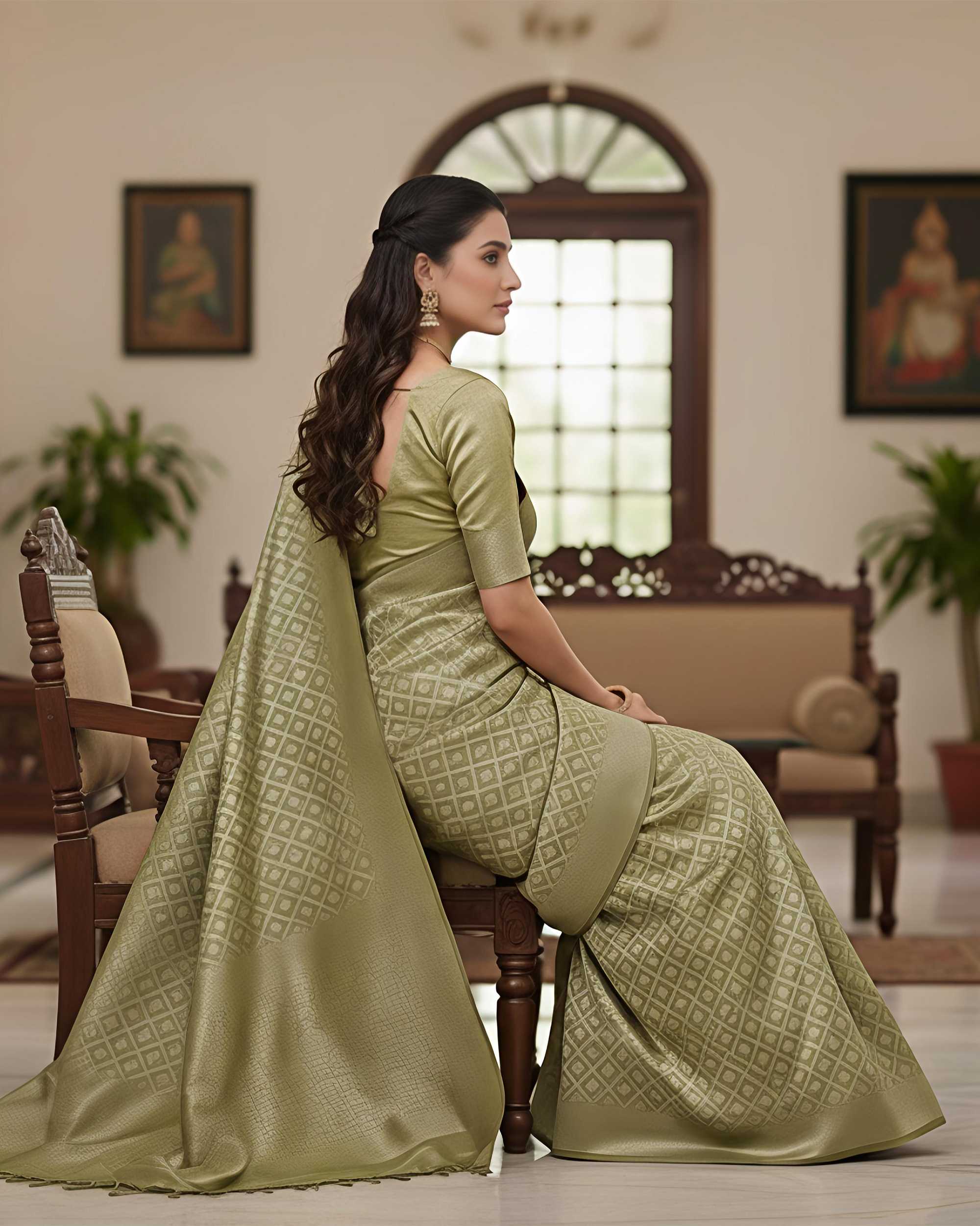 Women Olive Green & Gold-Toned Silk Blend Woven Design Banarasi Saree