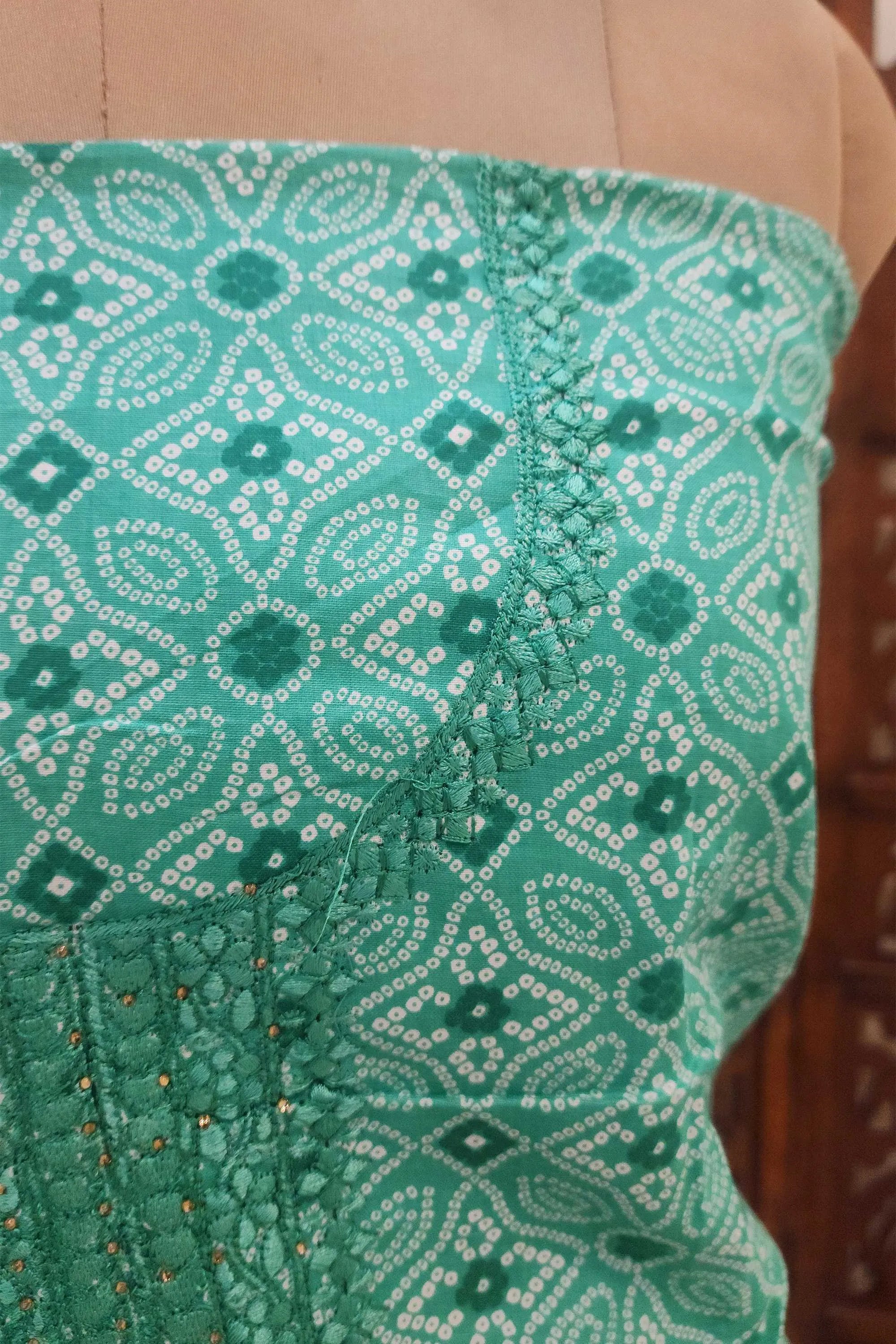 Unstitched Sea Green Cotton Bandhani Printed Dress Material with Embroidered Neckline