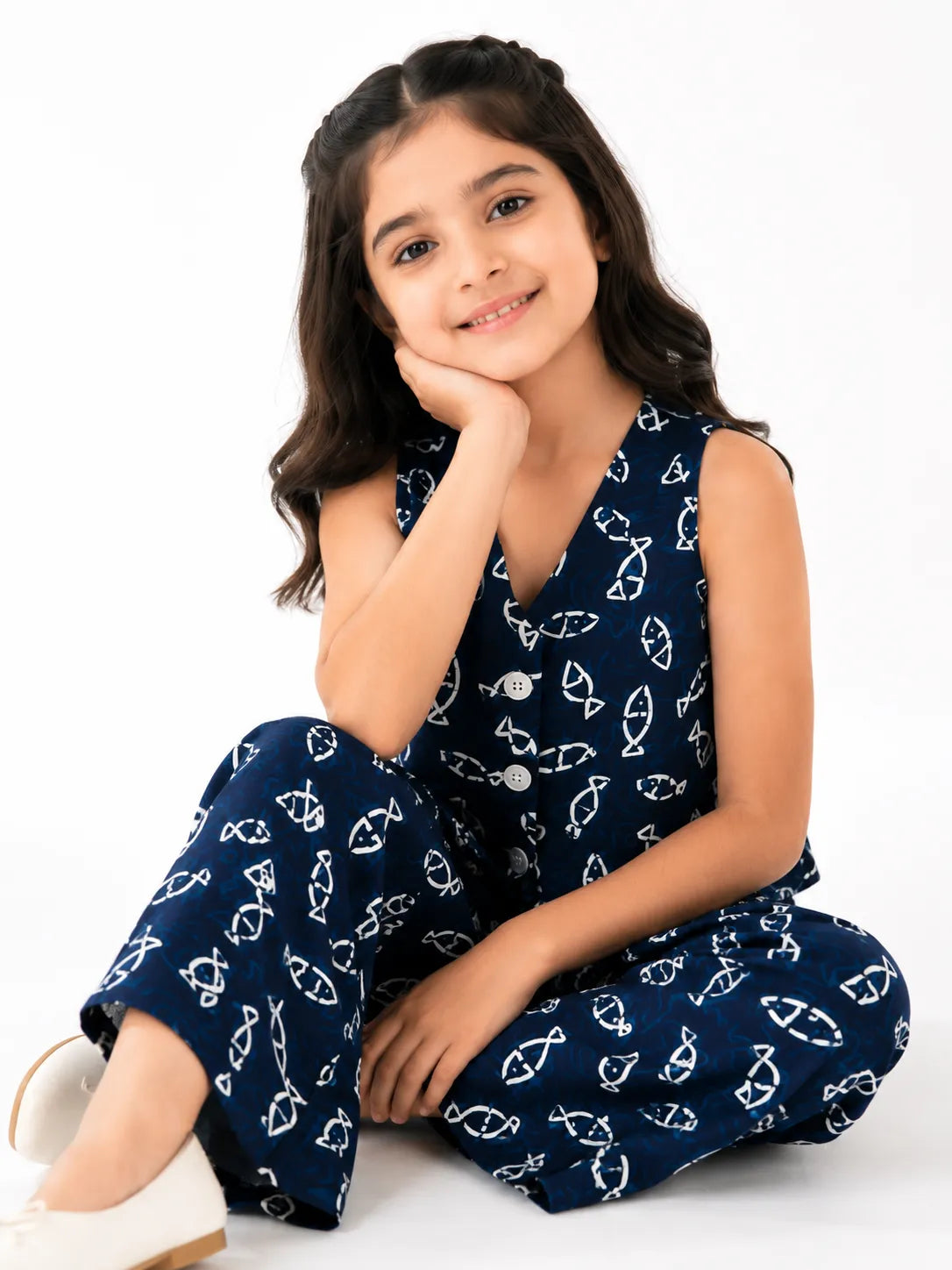 Girls Navy Blue Fish-Print Vest Top & Wide-Leg Co-Ord Set