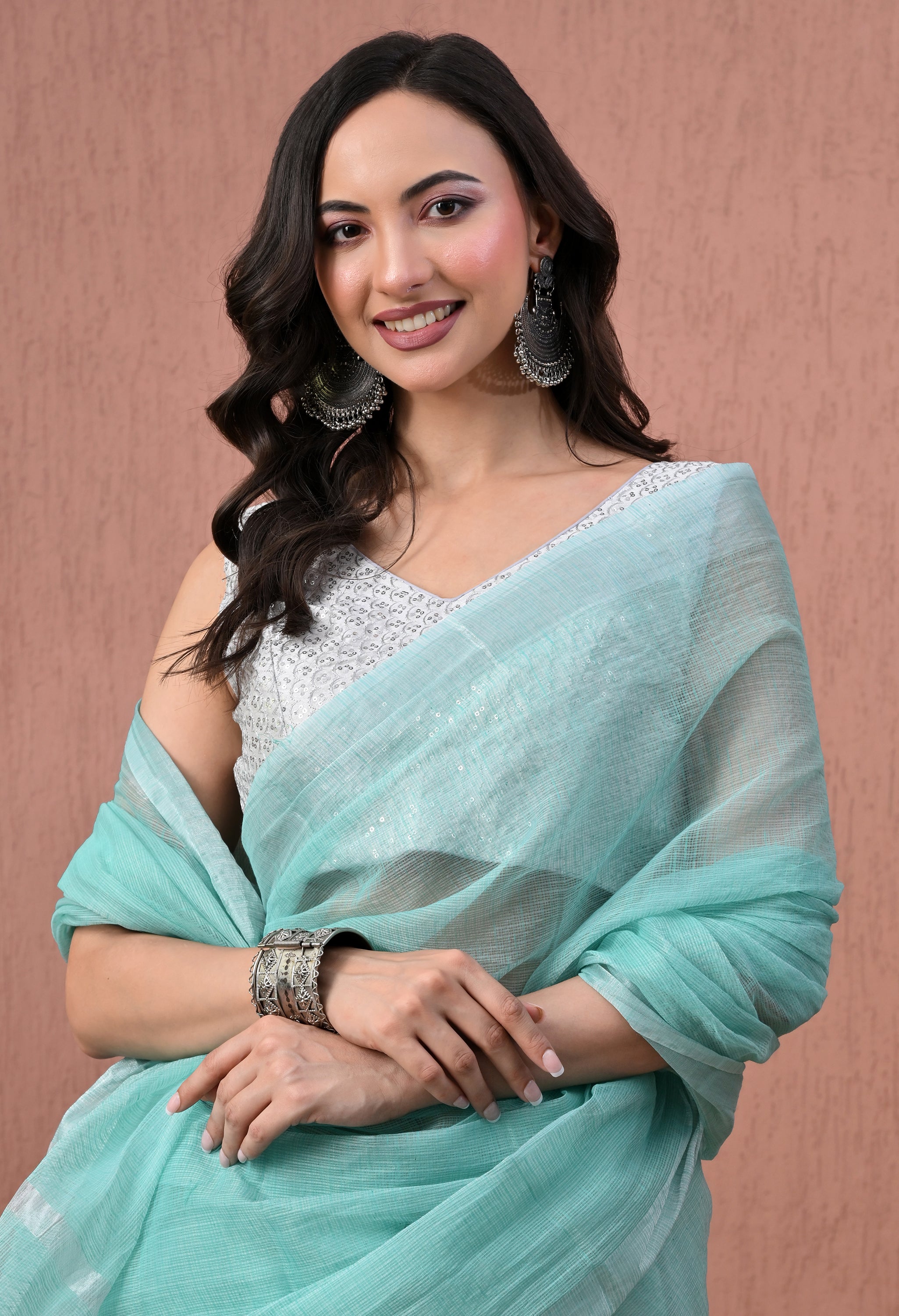 Pure Cotton Saree in Sea Green with Silver Zari Border