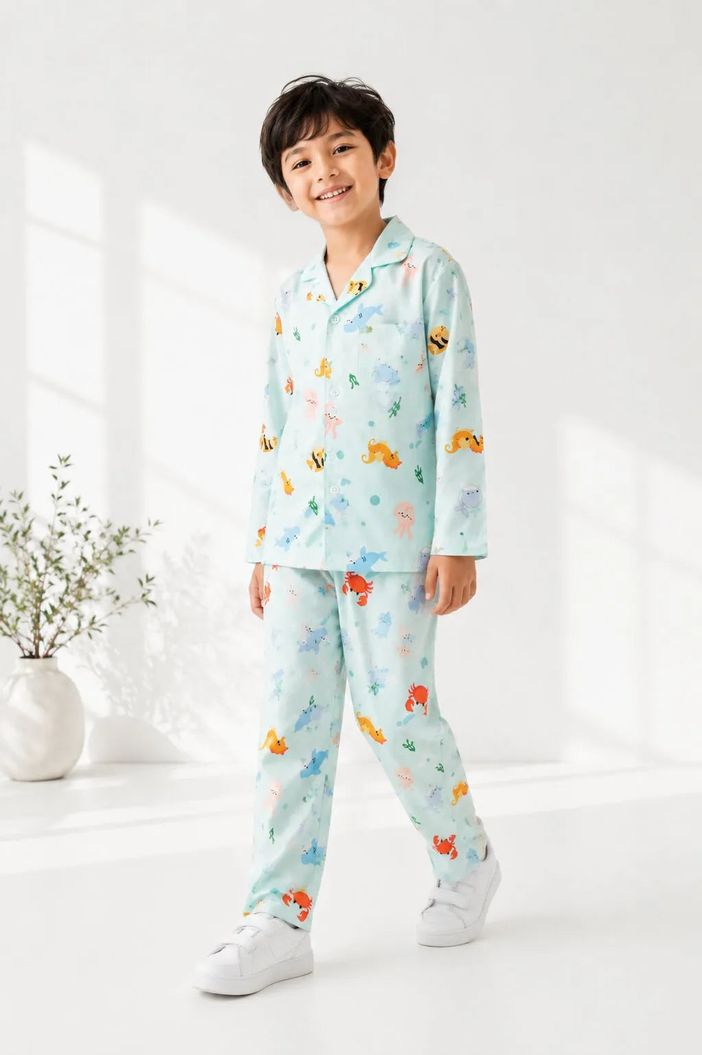 Kids Blue Sea-Life Printed Satin Long-Sleeved Night suit