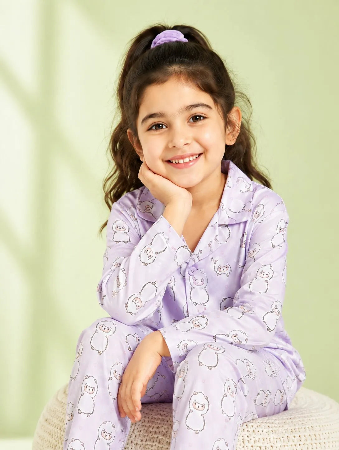 Girls Pink & White Cartoon Print Satin Night Suit Set
