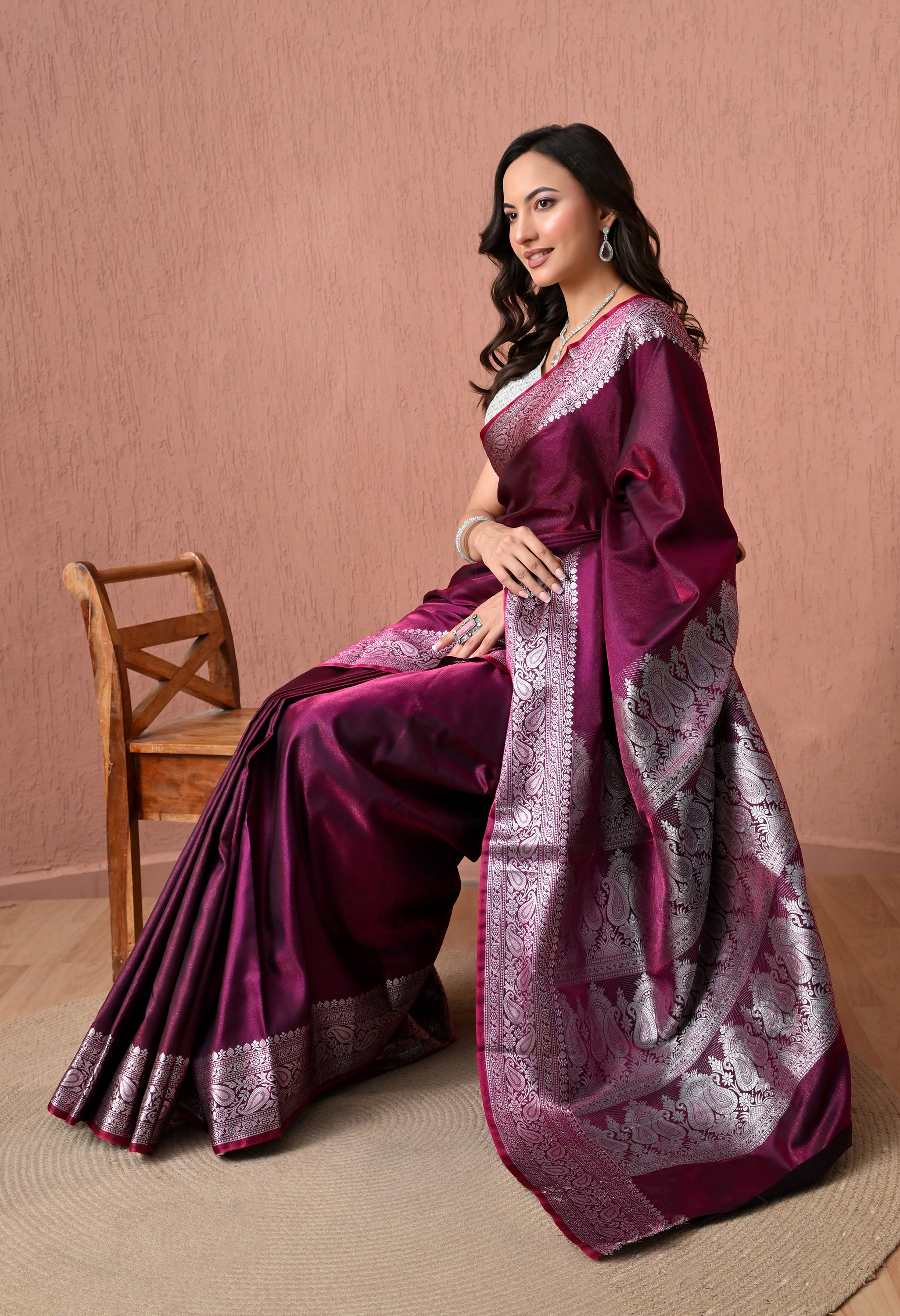 Exquisite Purple Pure Silk Banarasi Saree with Silver Zari Paisley Borders
