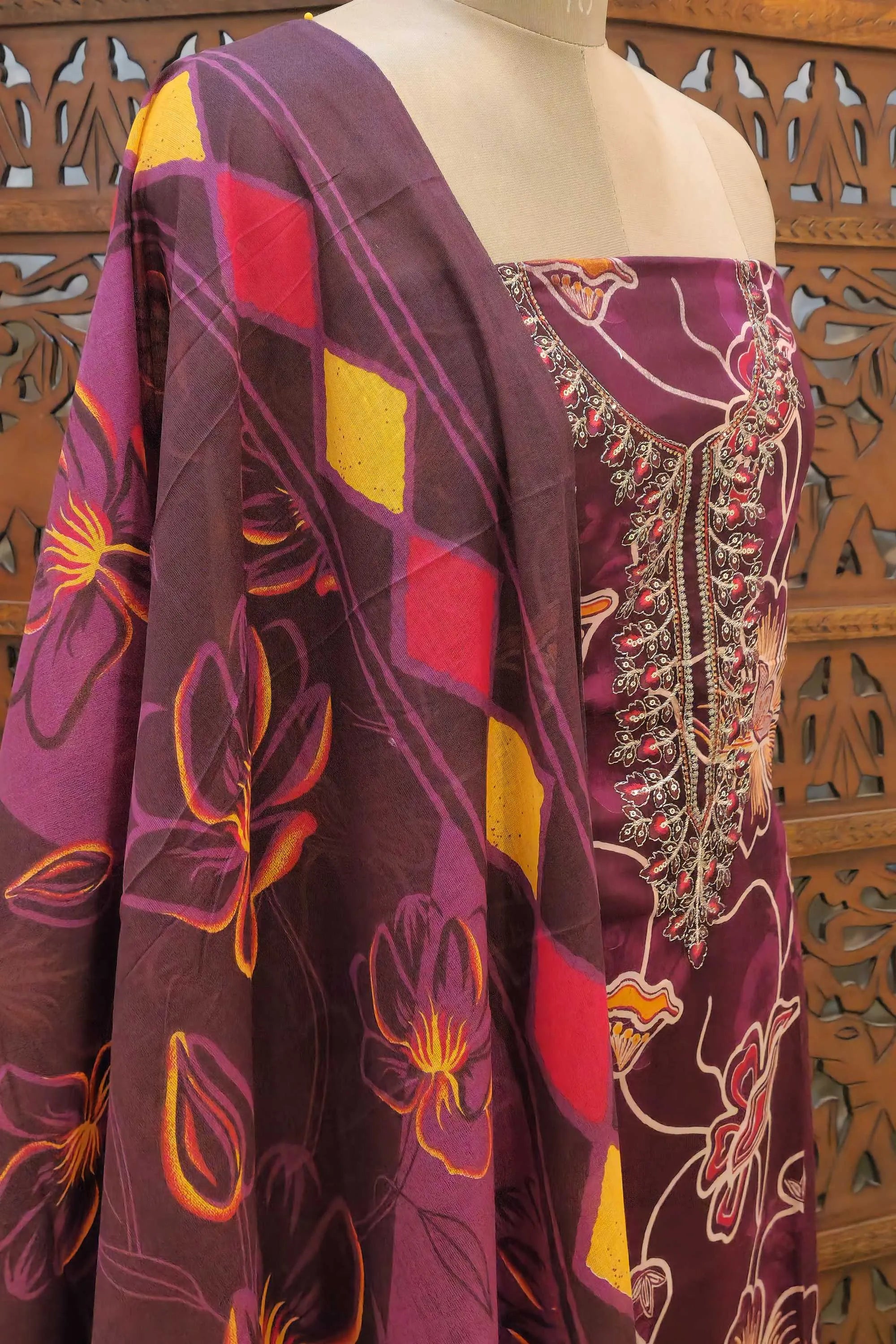 Women Maroon & Yellow Floral Printed Pure Cotton Unstitched Dress Material with Embroidered Neck