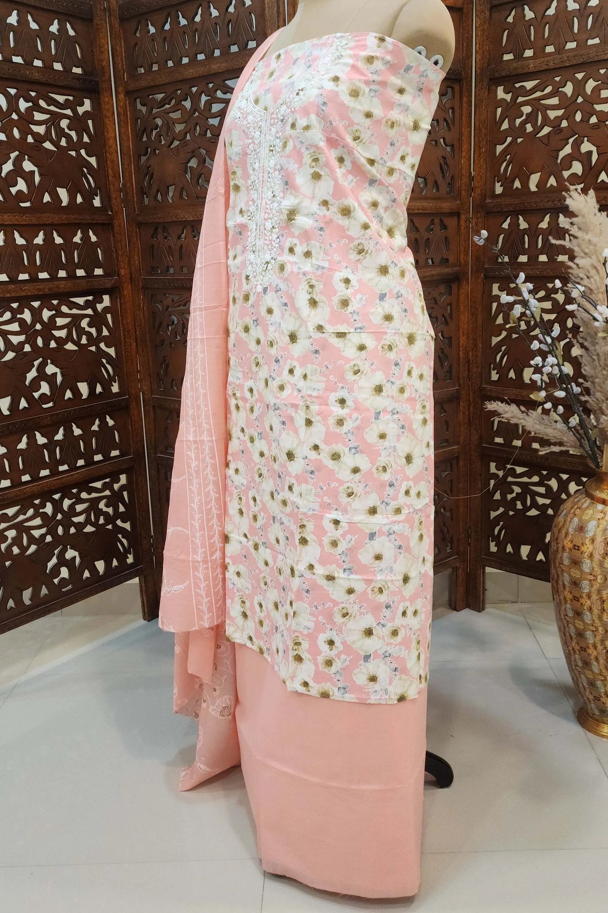 Women Peach-Colored & White Floral Printed Unstitched Cotton Dress Material with Embroidered Neckline
