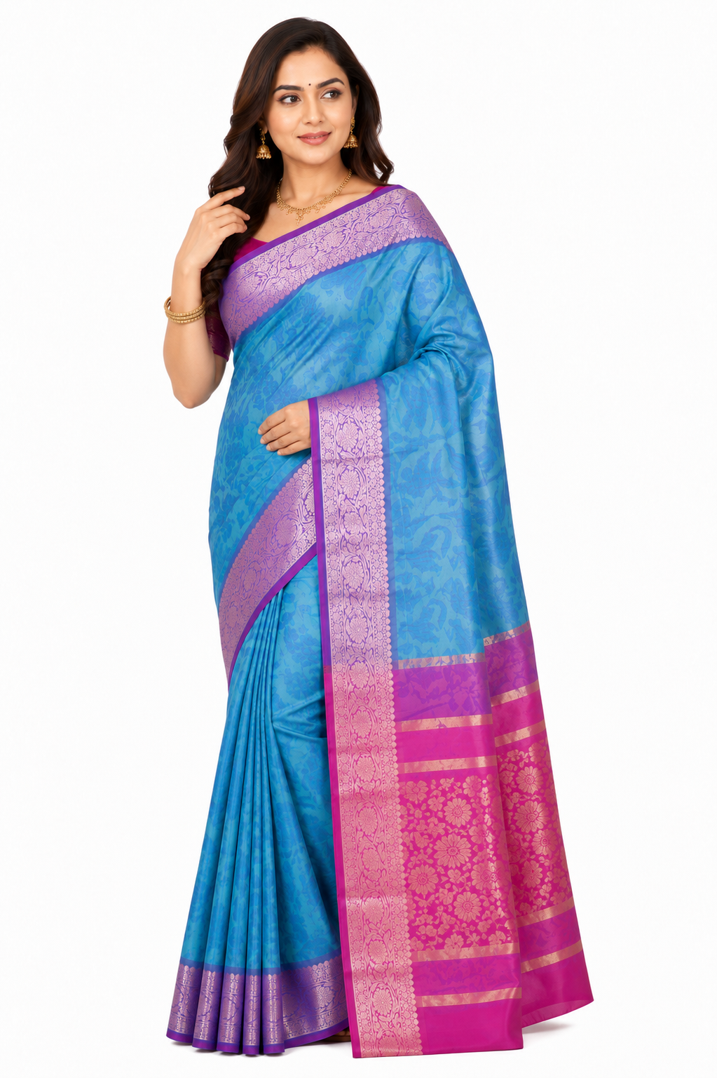 Women Blue & Grey Floral Printed Art Silk Saree with Zari Border