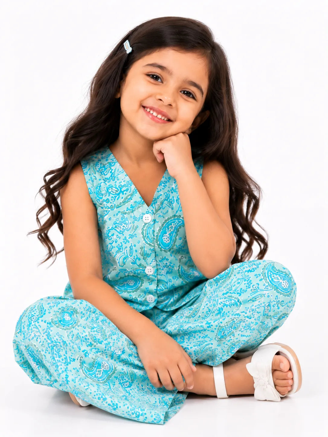 Girls Aqua Blue Paisley Printed V-Neck Sleeveless Vest & Wide-Leg Co-Ord Set