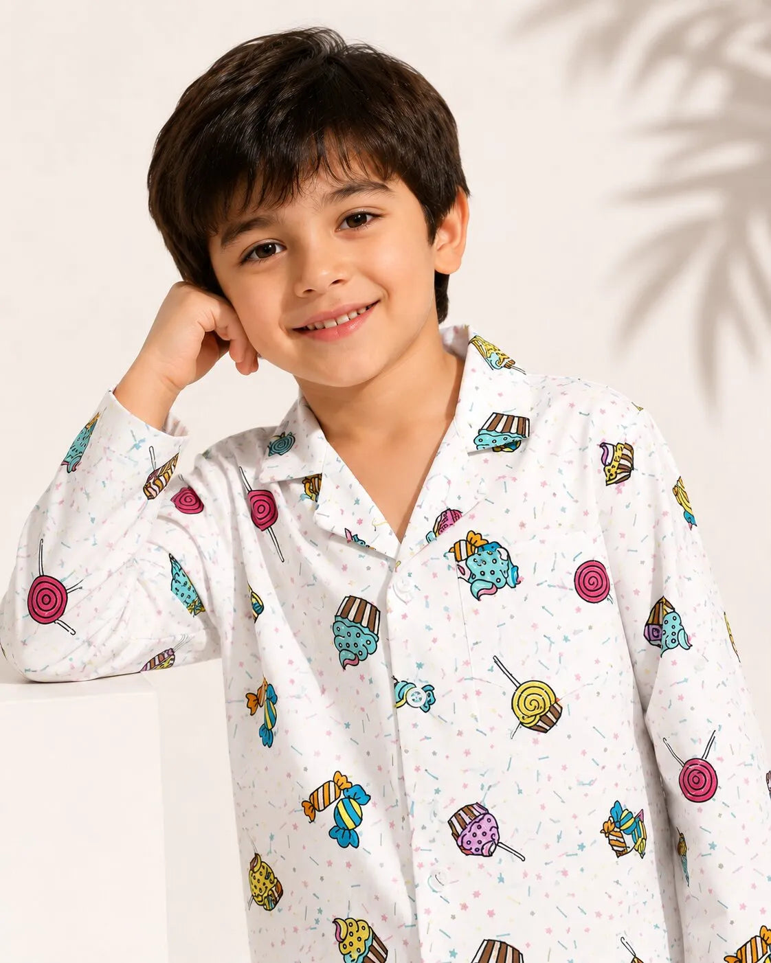 Kids White & Multi-Coloured Printed Satin Night Suit