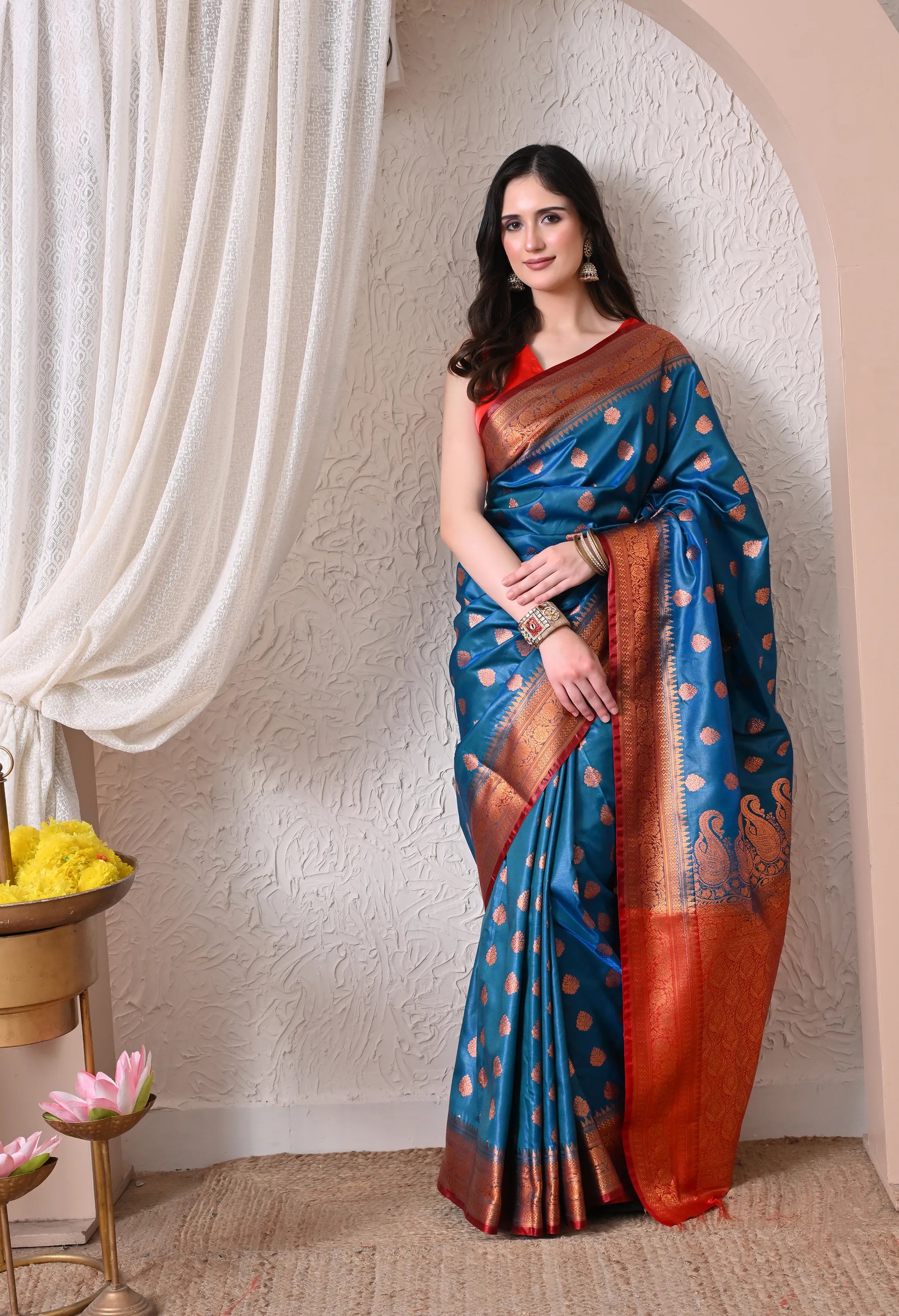 Silk Blend Saree in Peacock Blue & Crimson Red