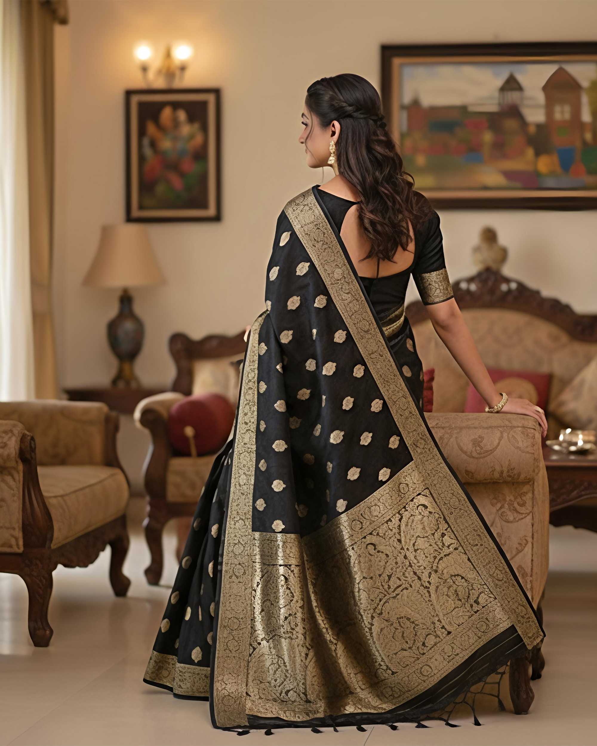 Black & Gold-Toned Zari Woven Banarasi Silk Blend Saree Includes Unstitched Blouse Piece