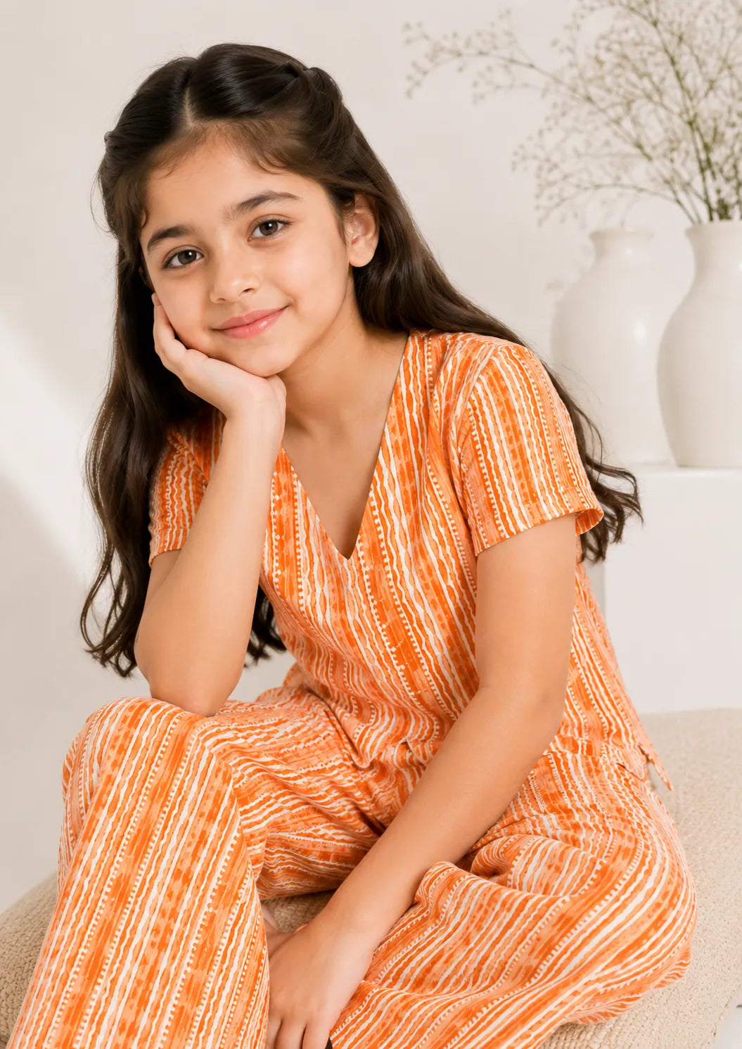 Girls Orange Vertical Printed Co-ord Set  Scallop Hem V-Neck Top & Wide-Leg Trousers