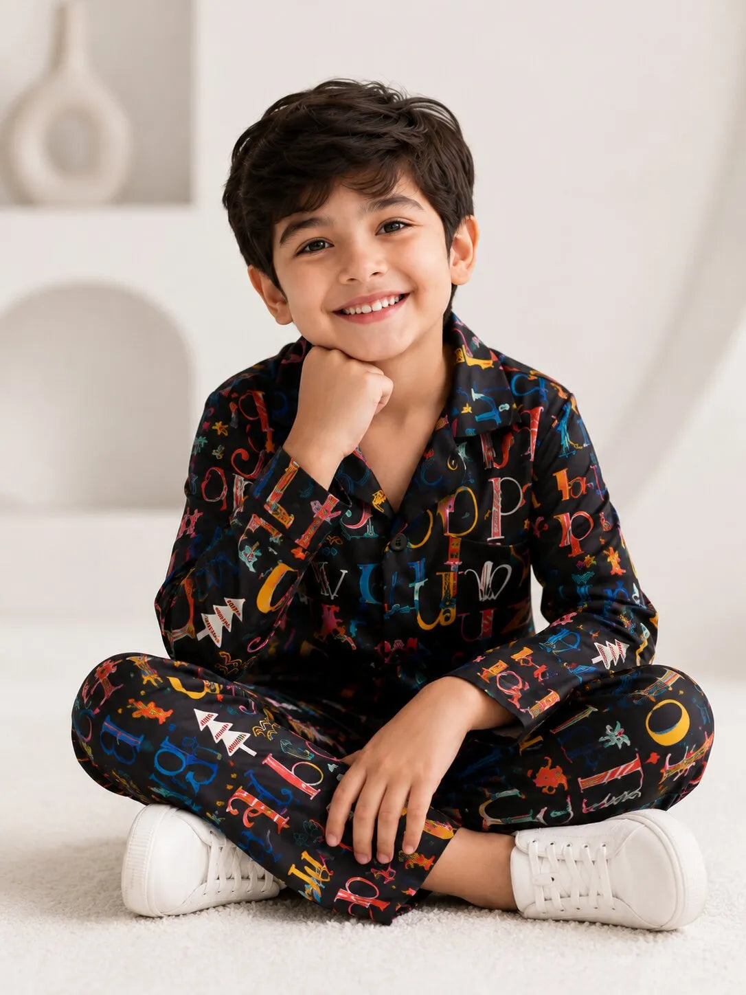 Boys Black Alphabet Print Nightsuit - Full Sleeves Shirt & Pyjamas Set