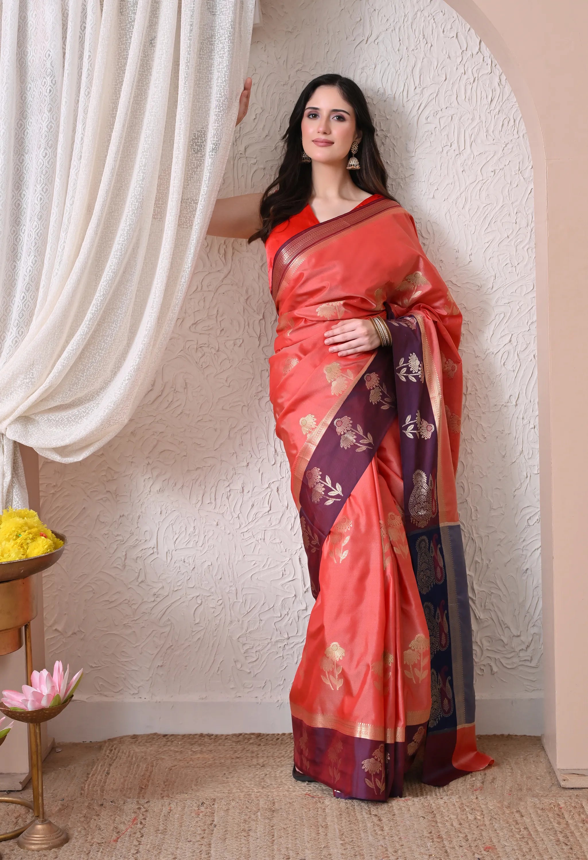 Vibrant Peach-Coral and Deep Wine Silk Blend Saree