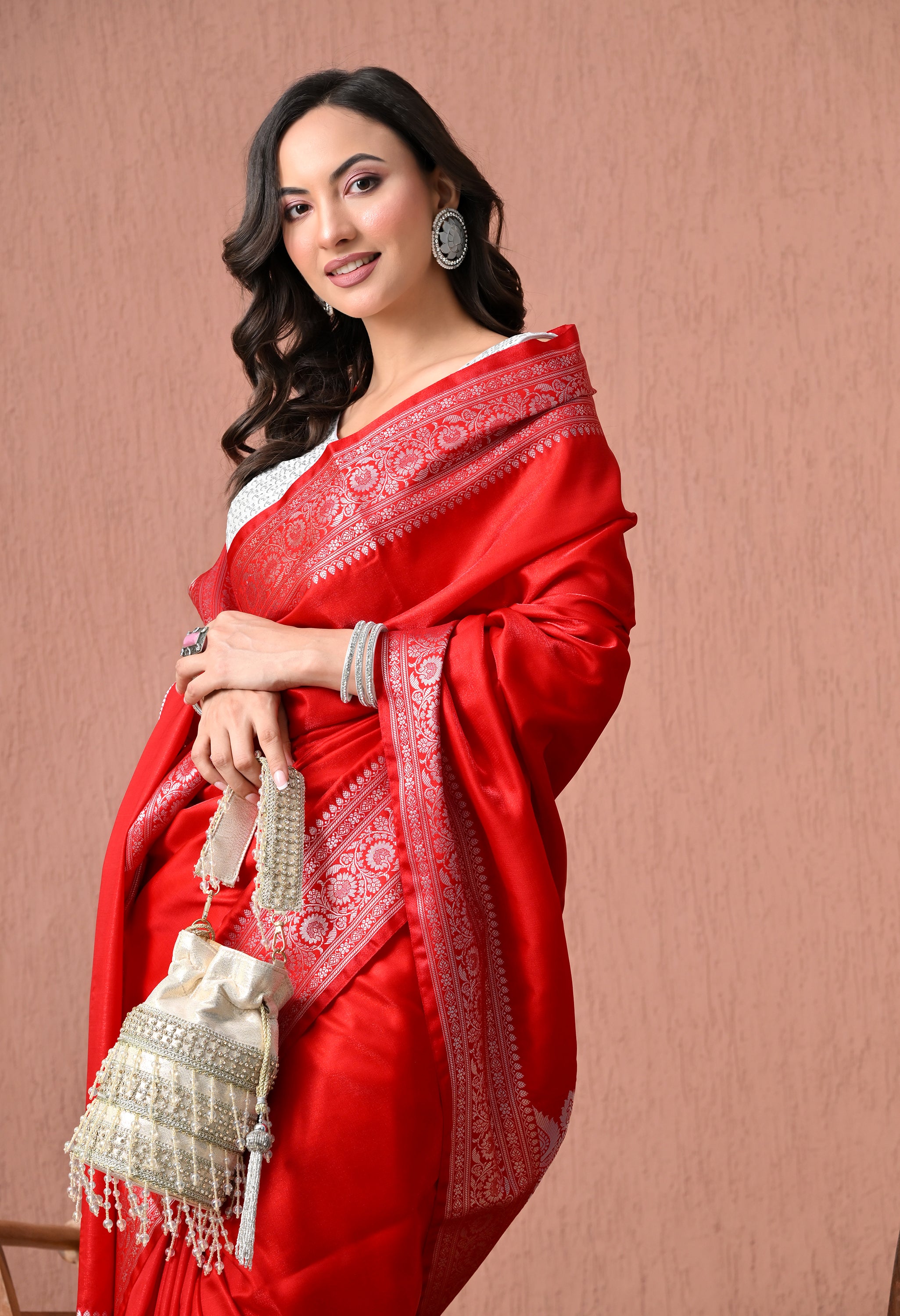 Radiant Crimson Red Pure Silk Banarasi Saree with Ornate Silver Zari Pallu