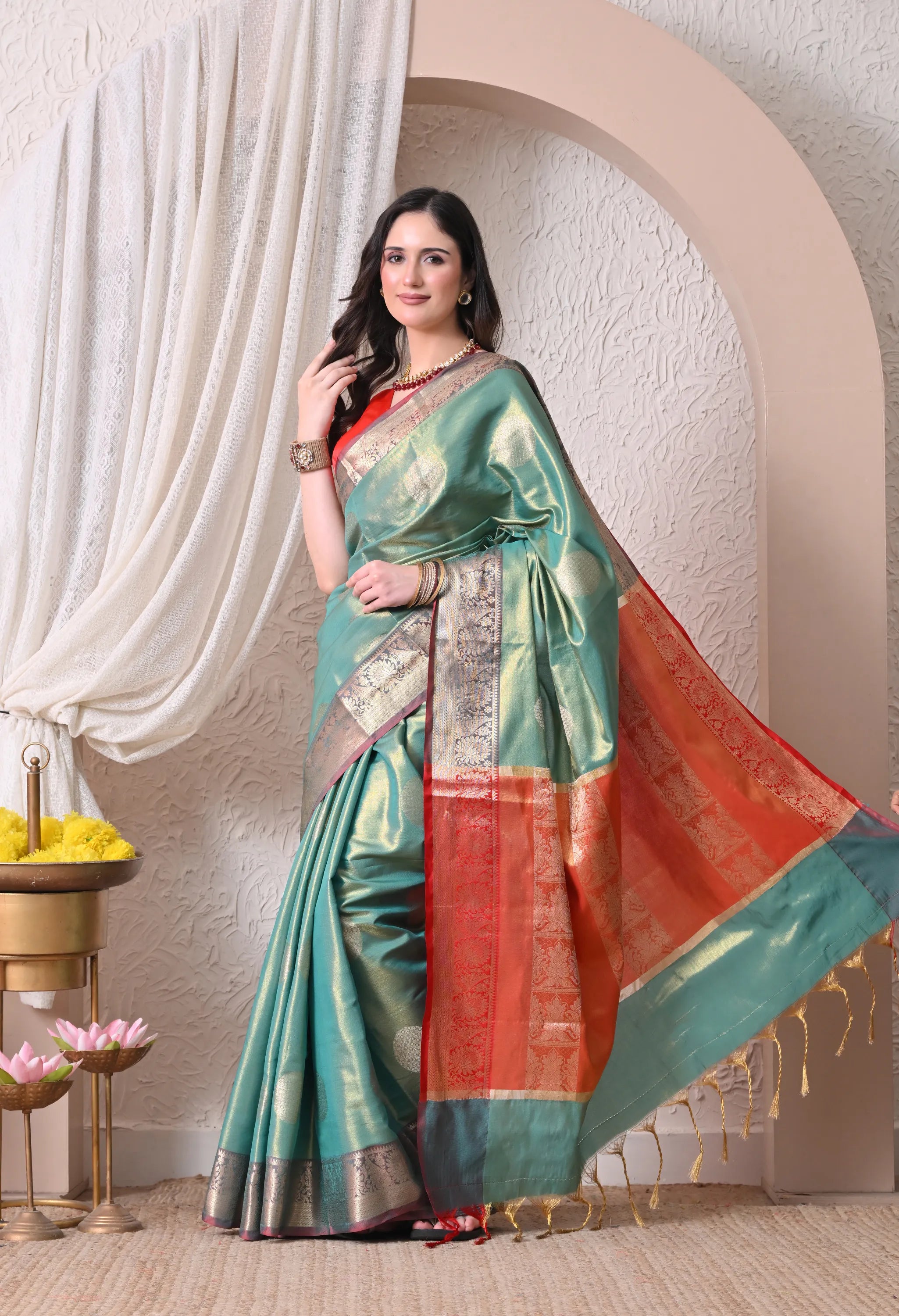Silk Blend Saree in Seafoam Green & Coral Red