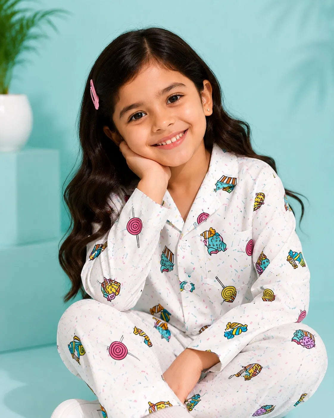 Kids White & Multi-Coloured Printed Satin Night Suit