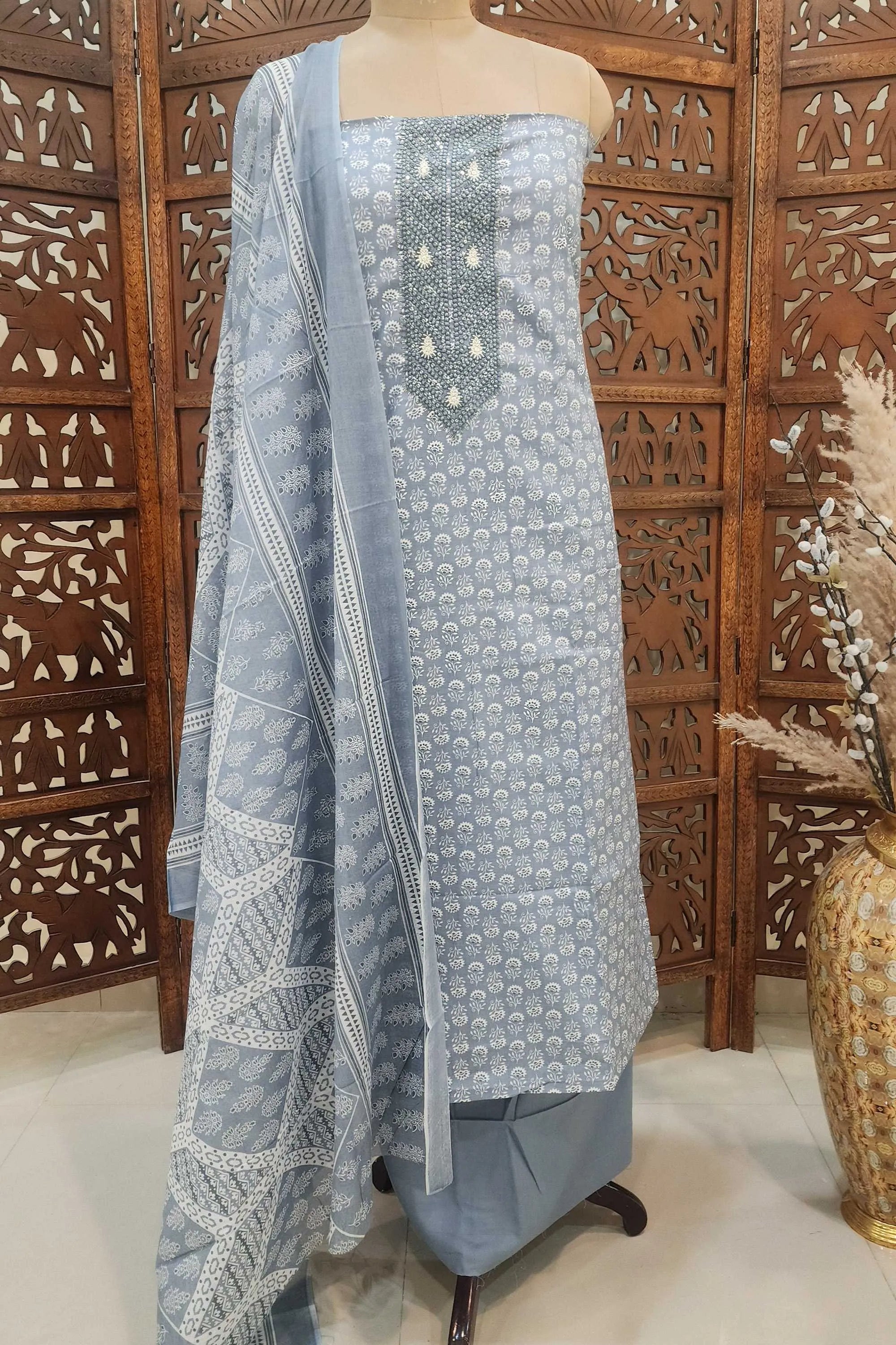 Women Powder Blue & White Floral Printed Unstitched Cotton Dress Material with Embroidered Yoke