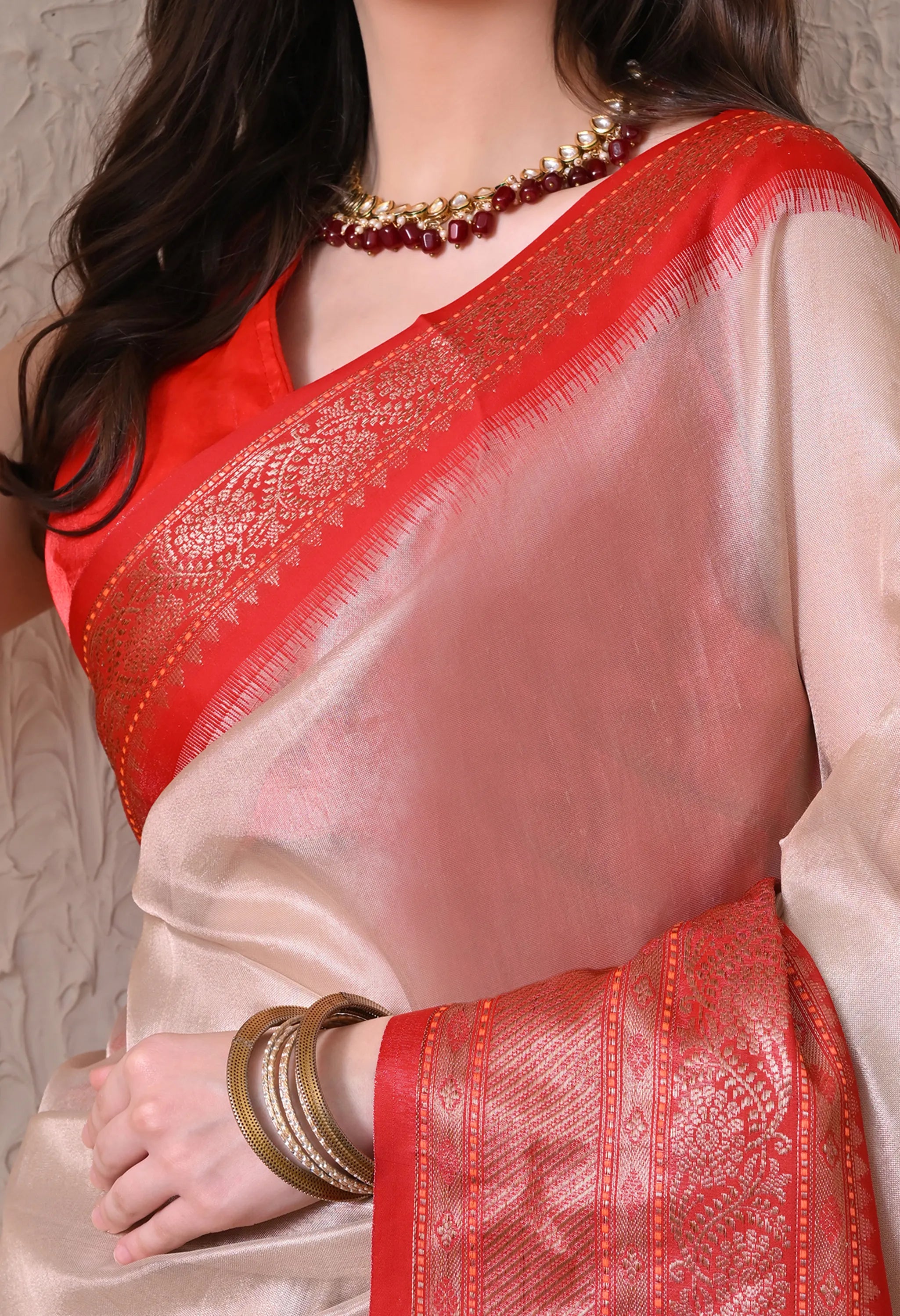 Silk Blend Saree in Ivory White & Vermilion Red