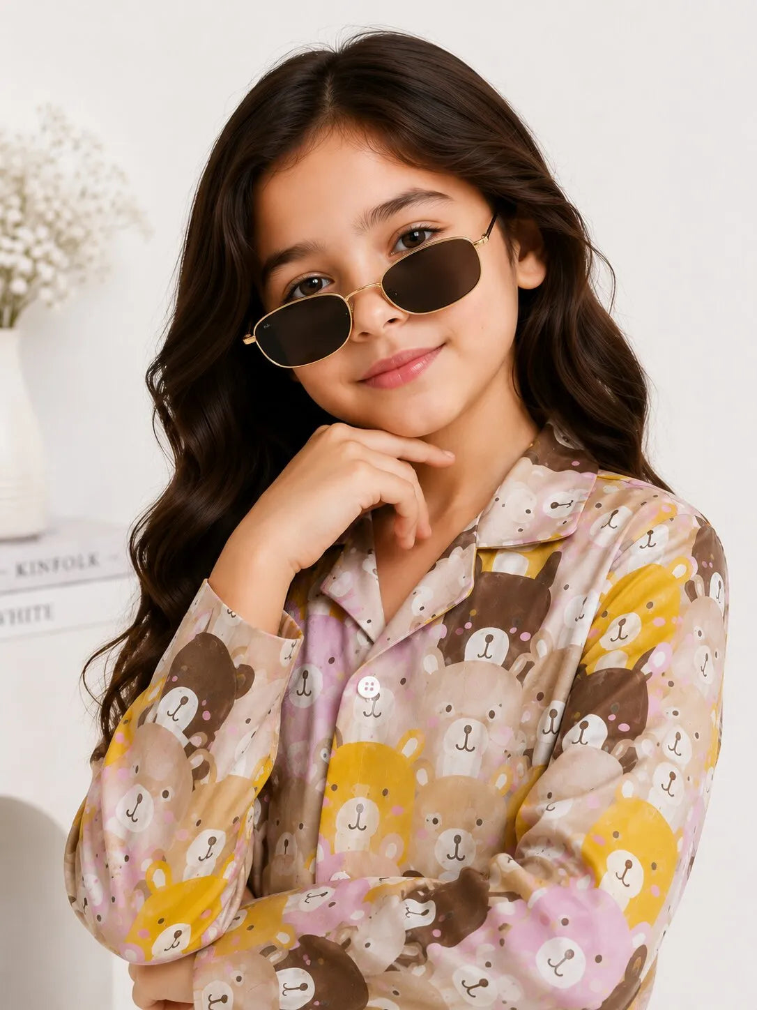 Kids Girls Full Sleeve Collared Pure Cotton Night Suit