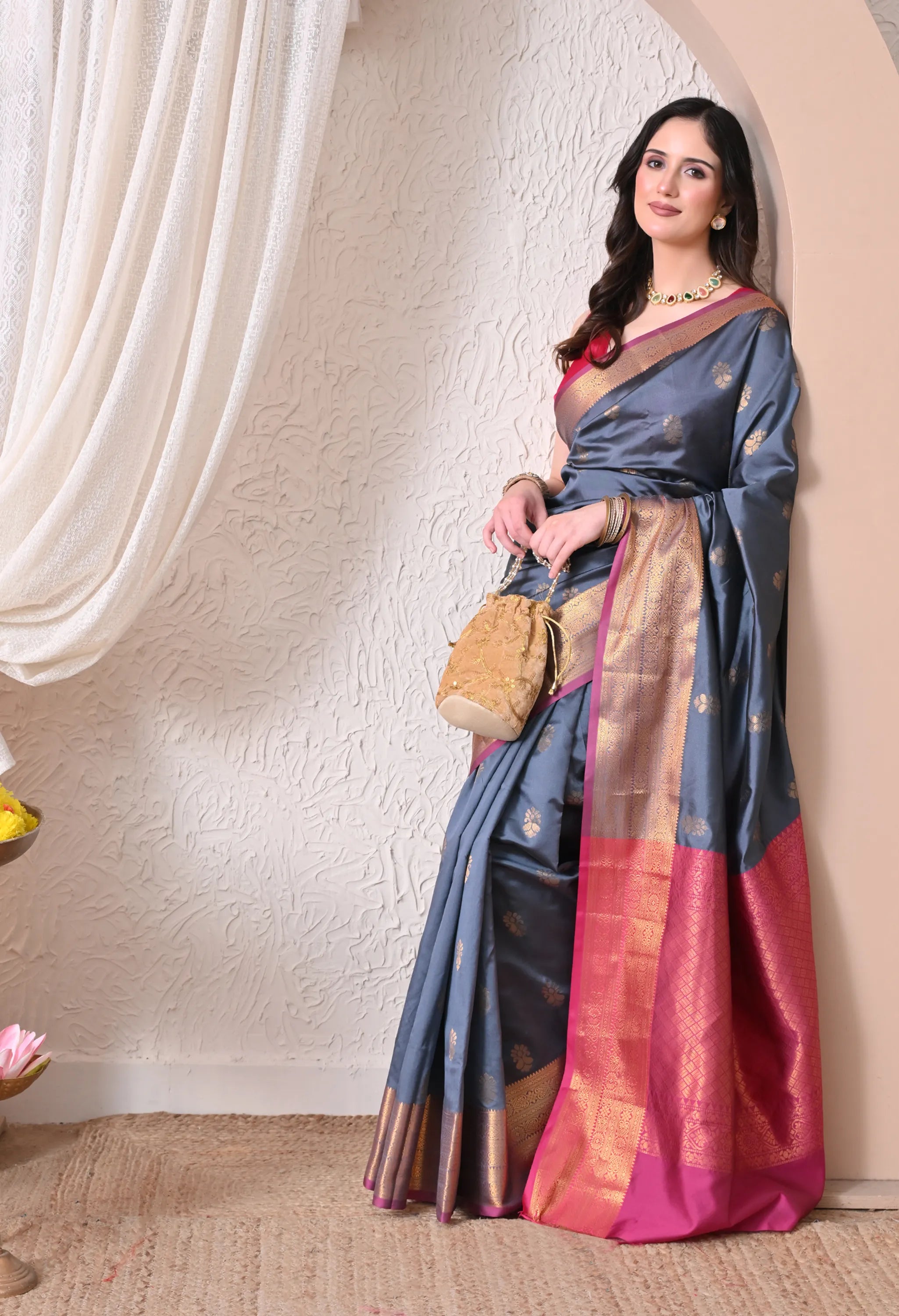 Regal Steel Grey Silk Blend Chanderi Style Saree
