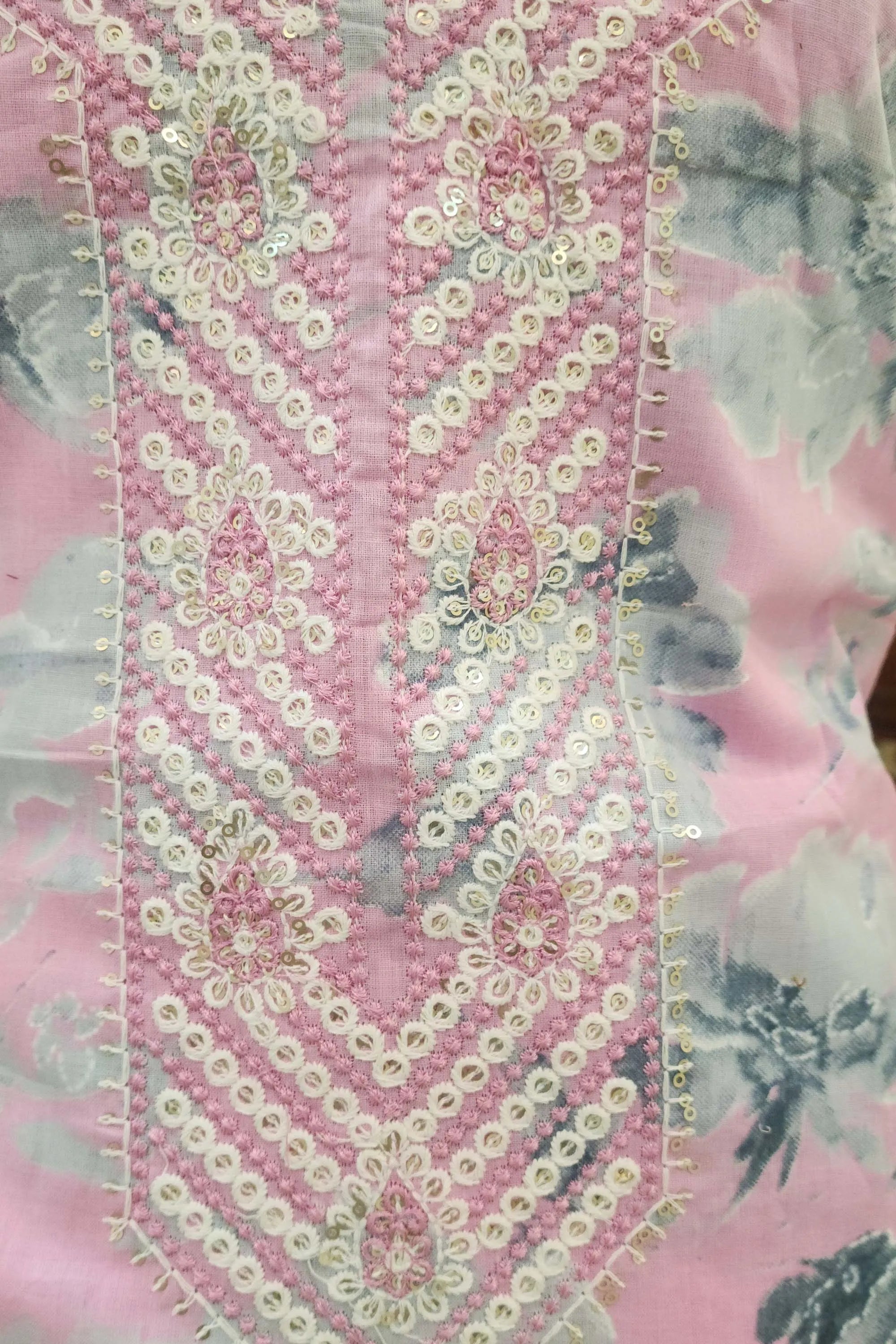 Lavender & Grey Floral Printed Cotton Unstitched Dress Material with Sequinned Embroidery