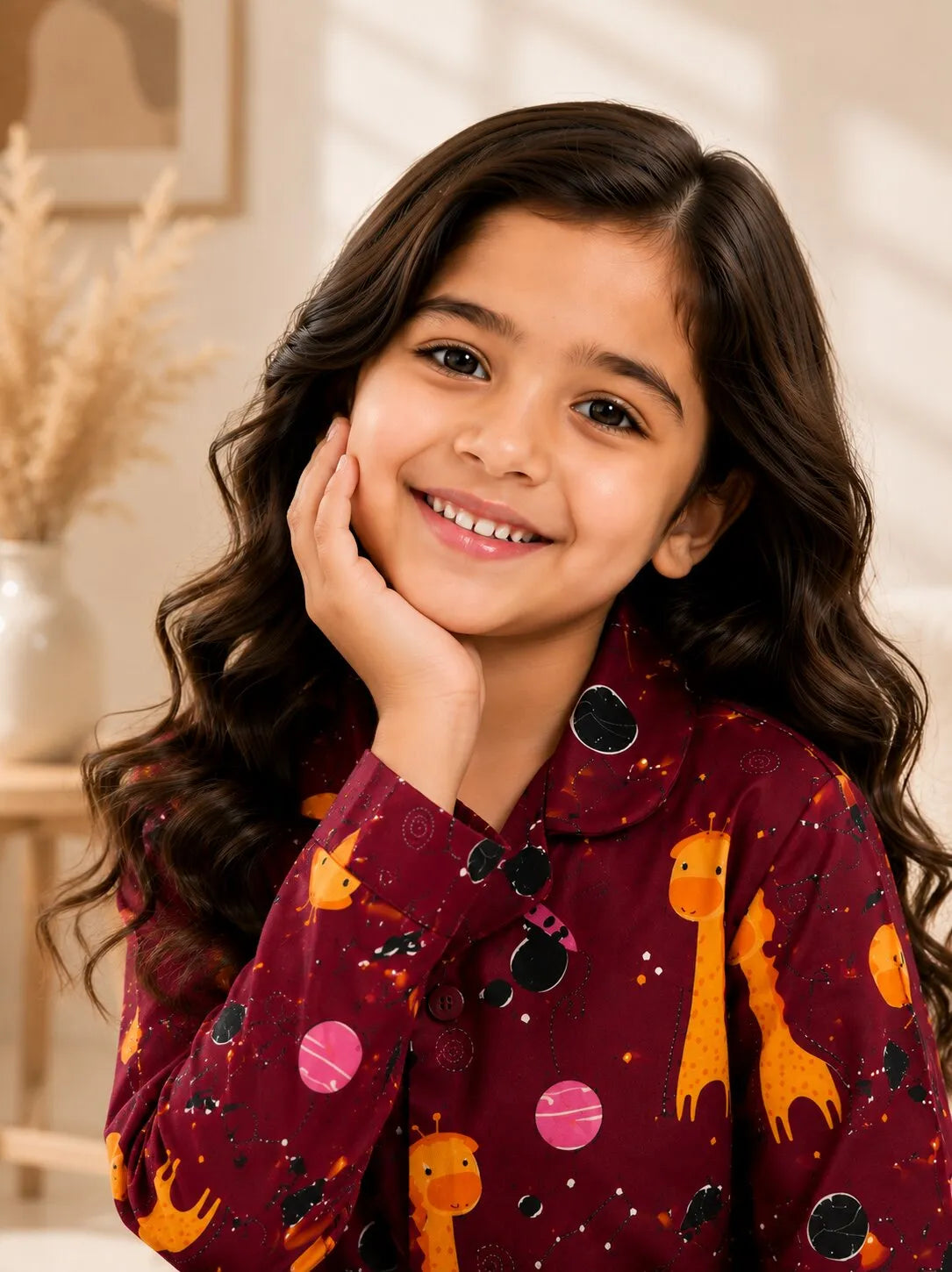 Kids Girls  Maroon & Yellow Printed Pure Cotton Night Suit