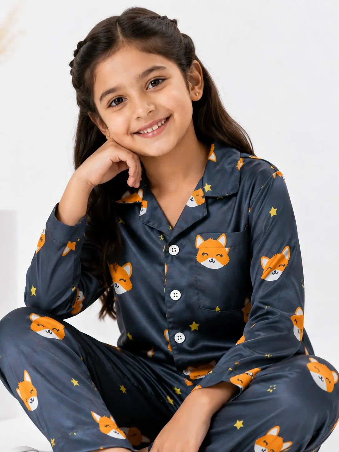Kids Navy Blue Fox Print Satin Pajama Set