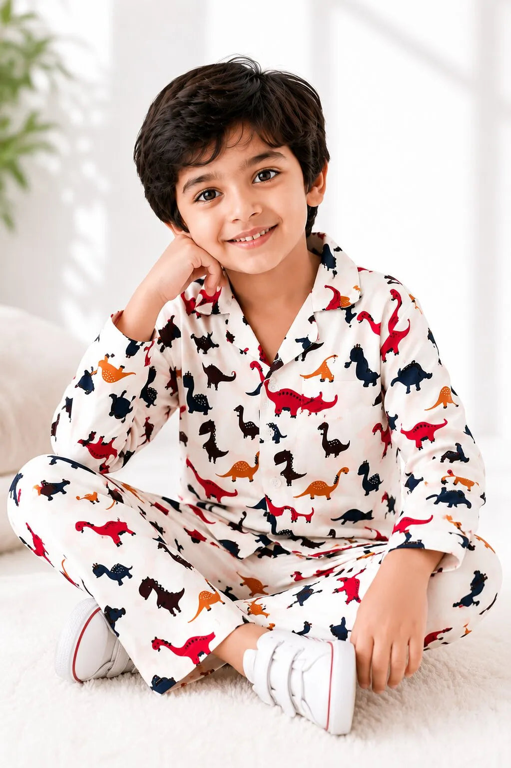 Kids Boys Full Sleeve Collared Pure Cotton Night Suit | Printed Pajama Set | Sleepwear for Kids Boys