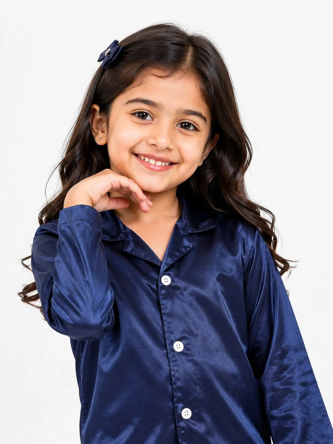 Girls Navy Blue Luxury Satin Night Suit Set – Smooth Full-Sleeve Shirt & Relaxed Pyjamas