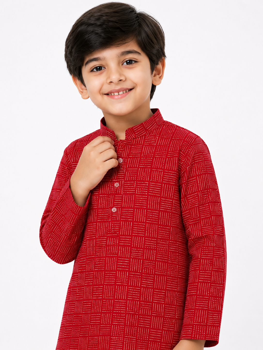 Boys Red & White Geometric Printed Pure Cotton Kurta with Pyjamas