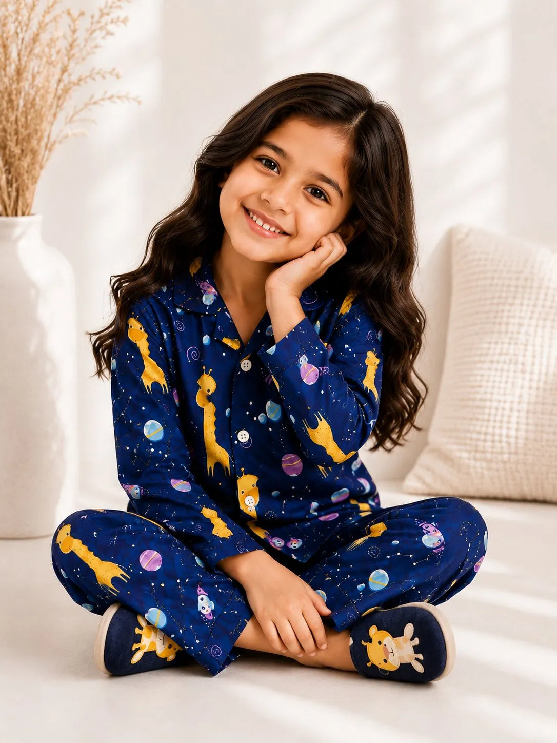 Kids Girls Navy Blue & Yellow Giraffes in Space Printed Night Suit