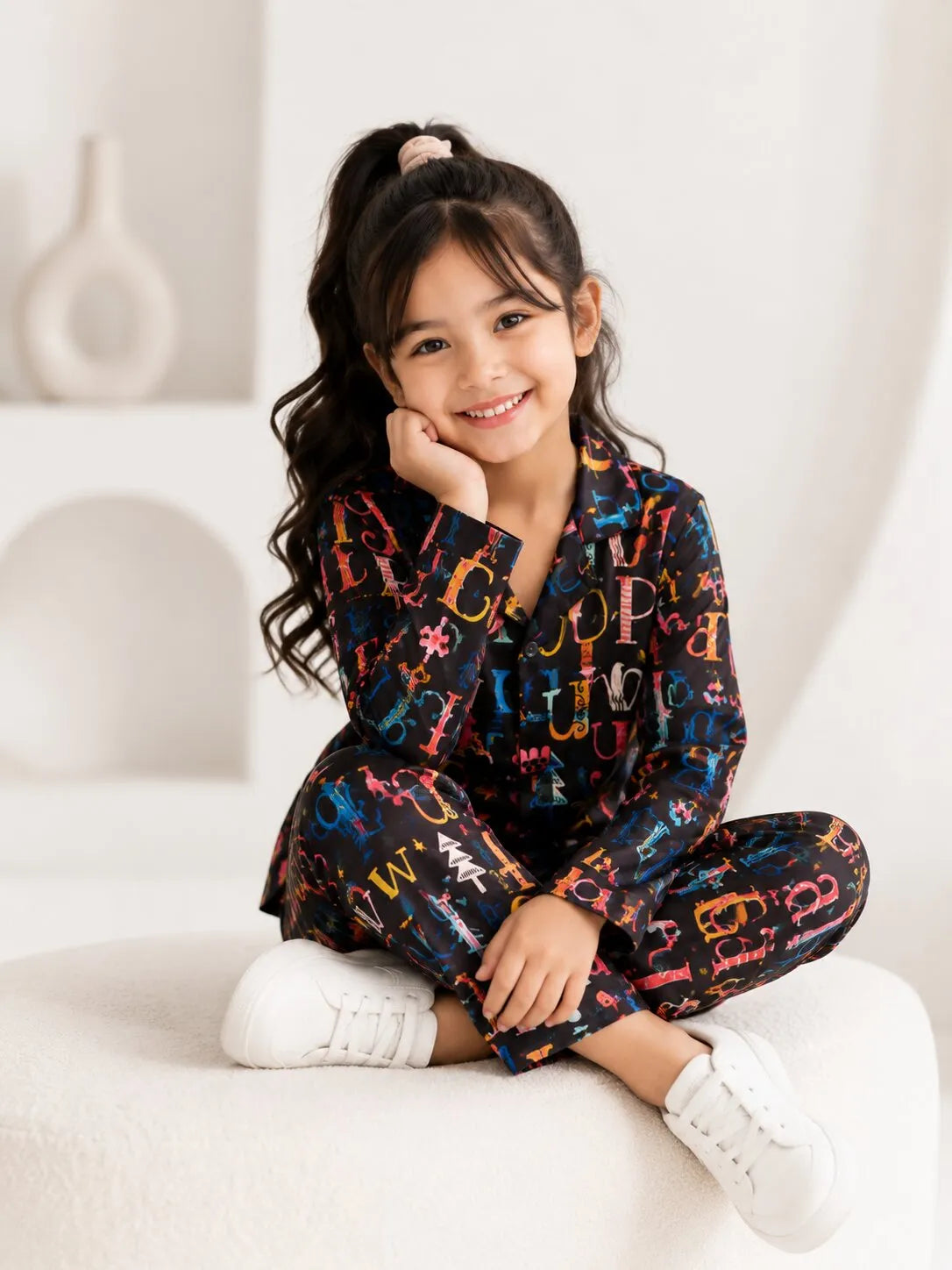 Girls Black & Multicolor Alphabet Print Satin Night Suit