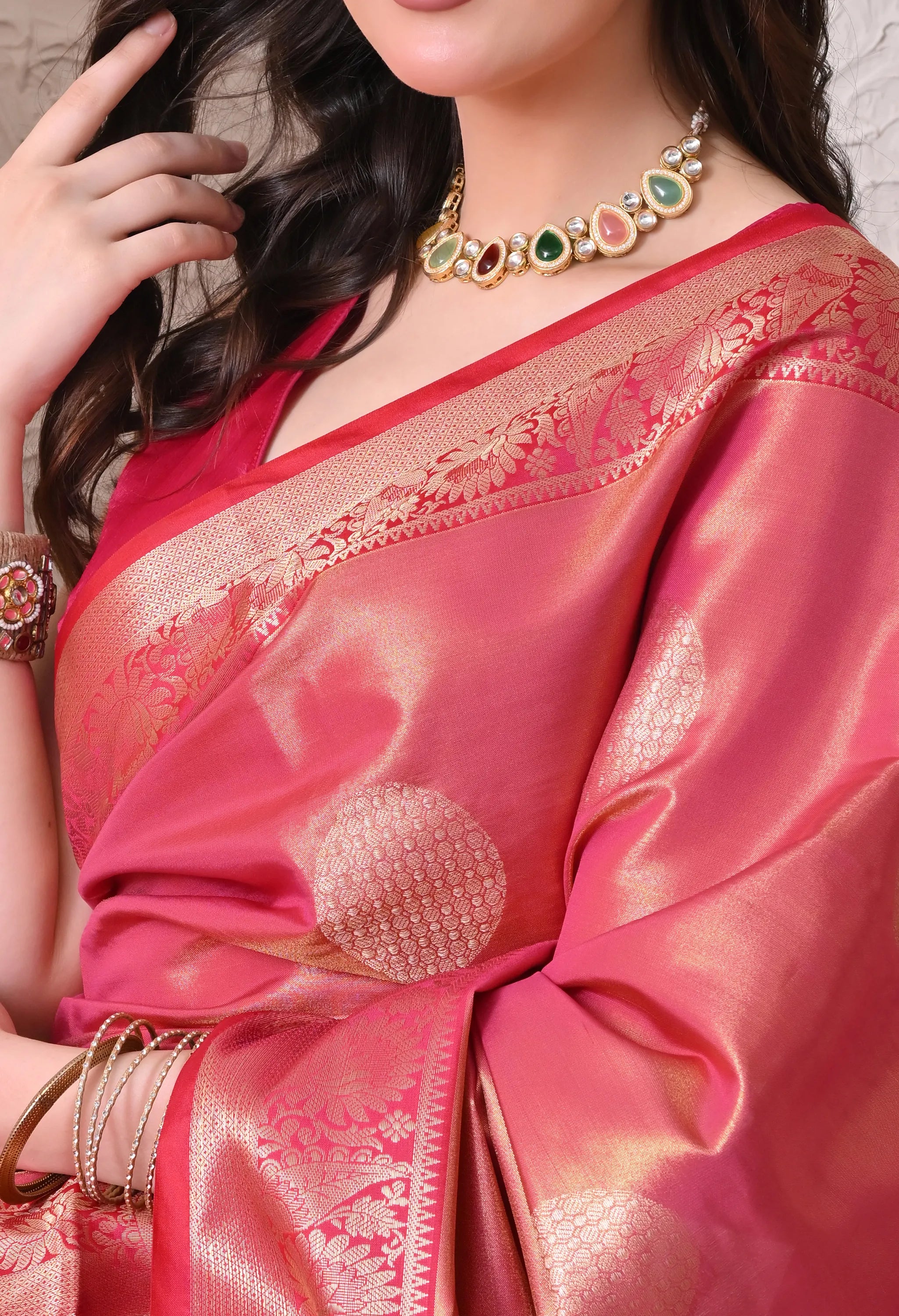 Radiant Pink Silk Blend Kanjeevaram Style Saree
