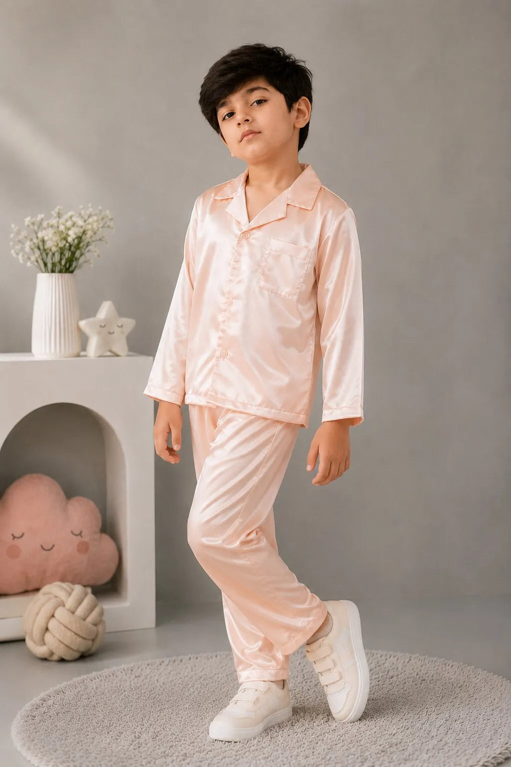 Kids' Peach Solid Satin Night Suit