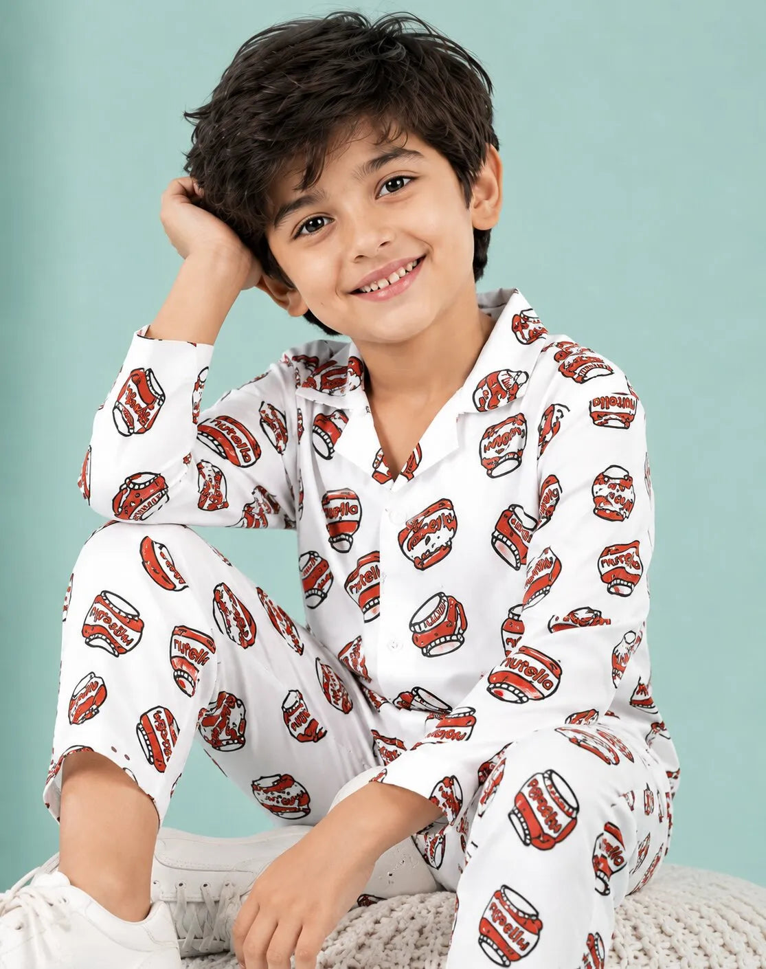 Kids' Satin Nutella Print Night Suit – White & Red