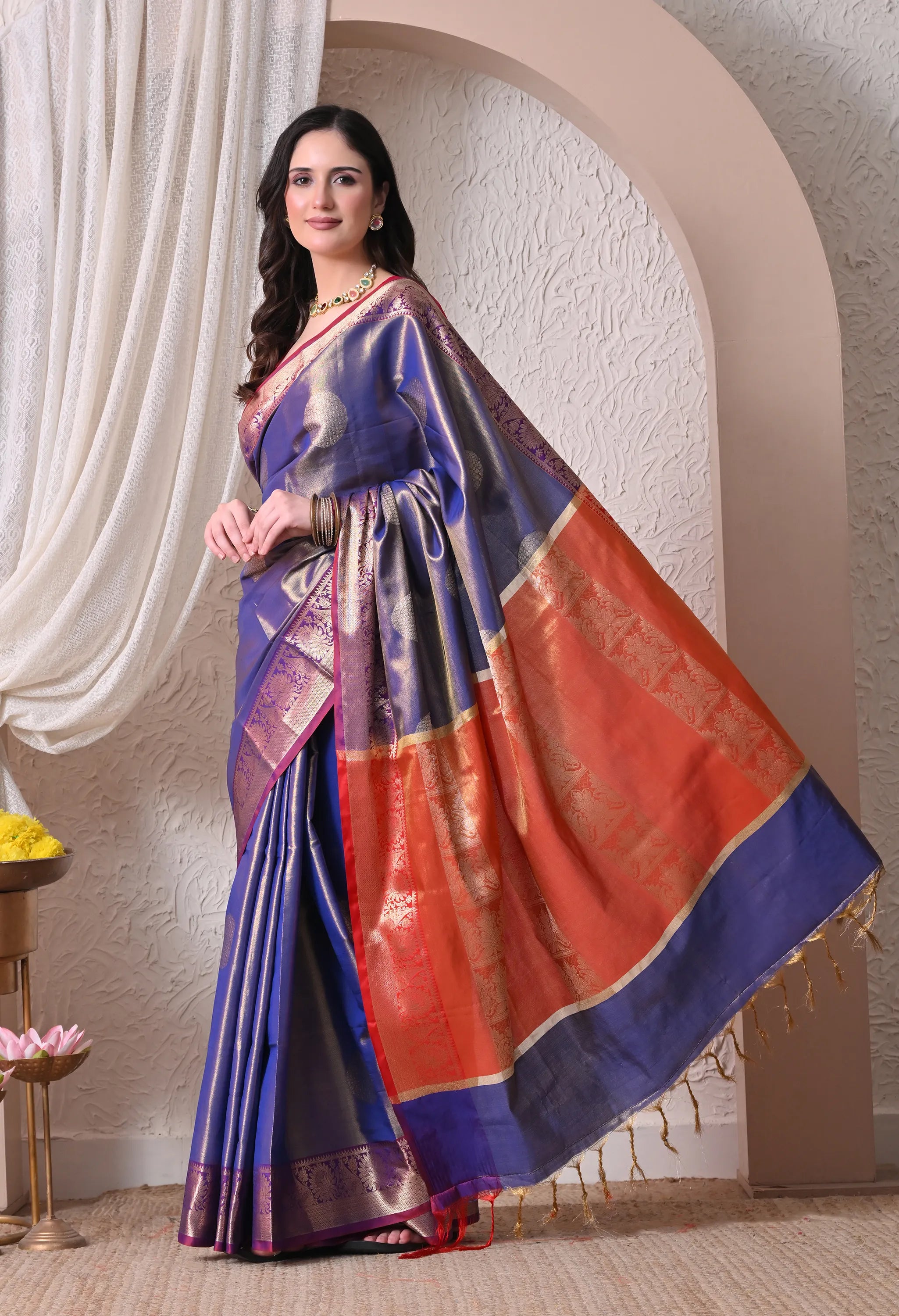 Regal Royal Blue Silk Blend Saree with Contrast Border and Golden Zari Details
