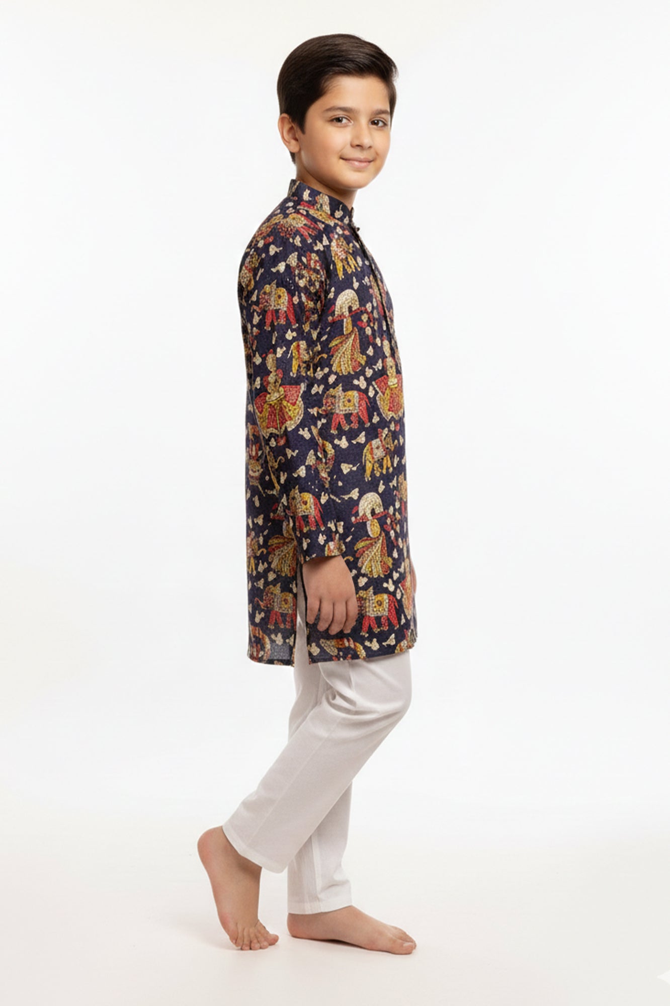 Boys' Cotton Print Kurta with White Pajama Set | Ethnic Wear for Festivals, Weddings & Parties