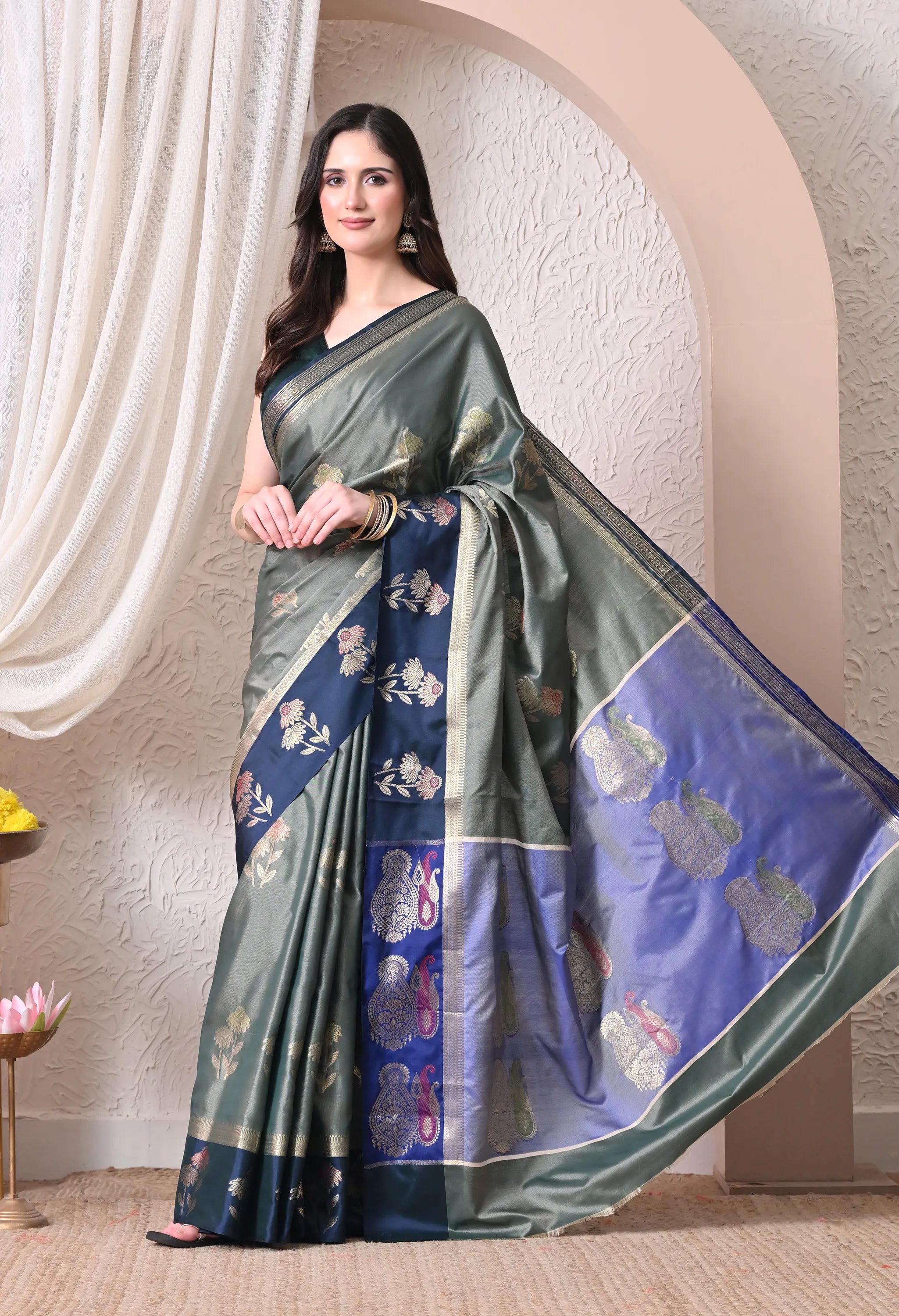Contemporary Olive Grey and Navy Blue Silk Blend Saree